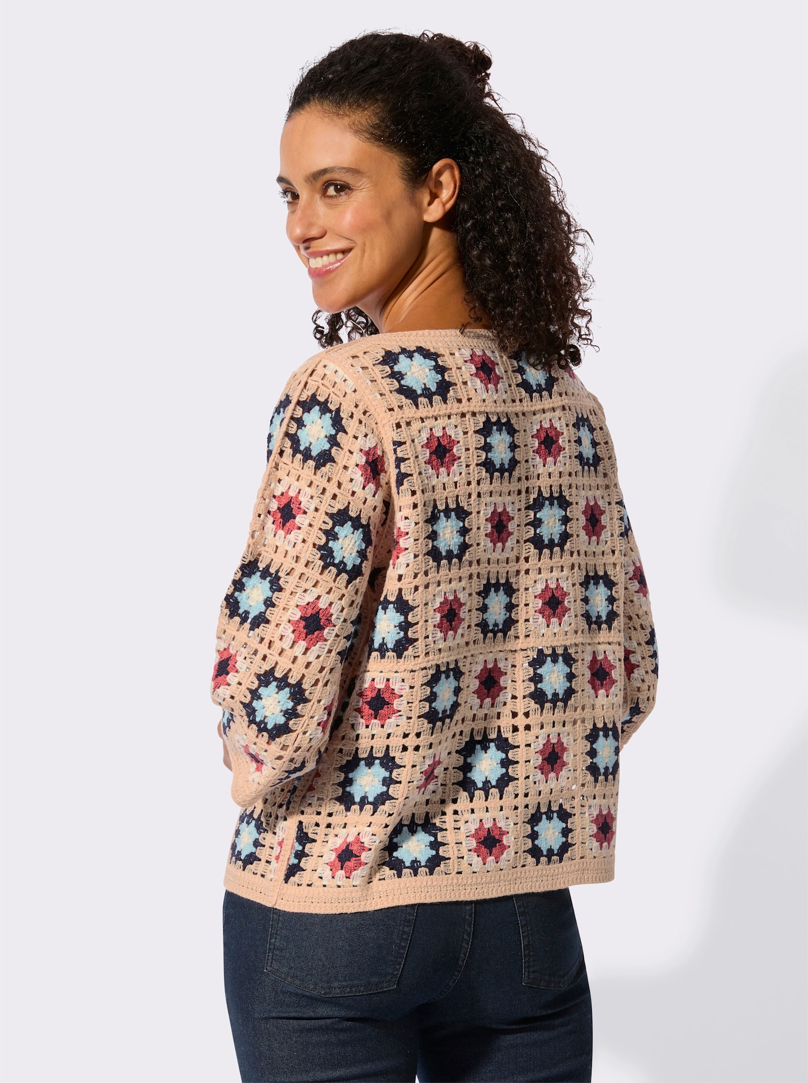 Pullover in Häkel-Optik - apricot-koralle-gemustert