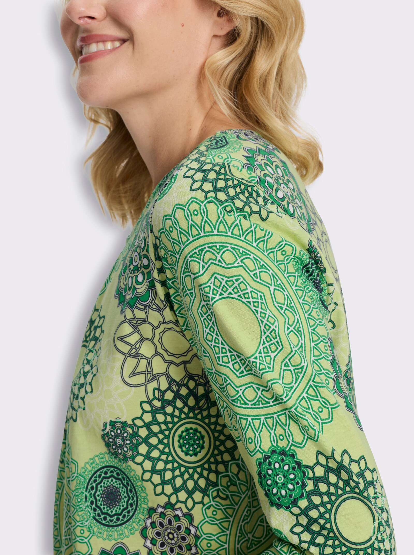 Longshirt mit Falten am Ausschnitt - pistazie-grasgrün-bedruckt