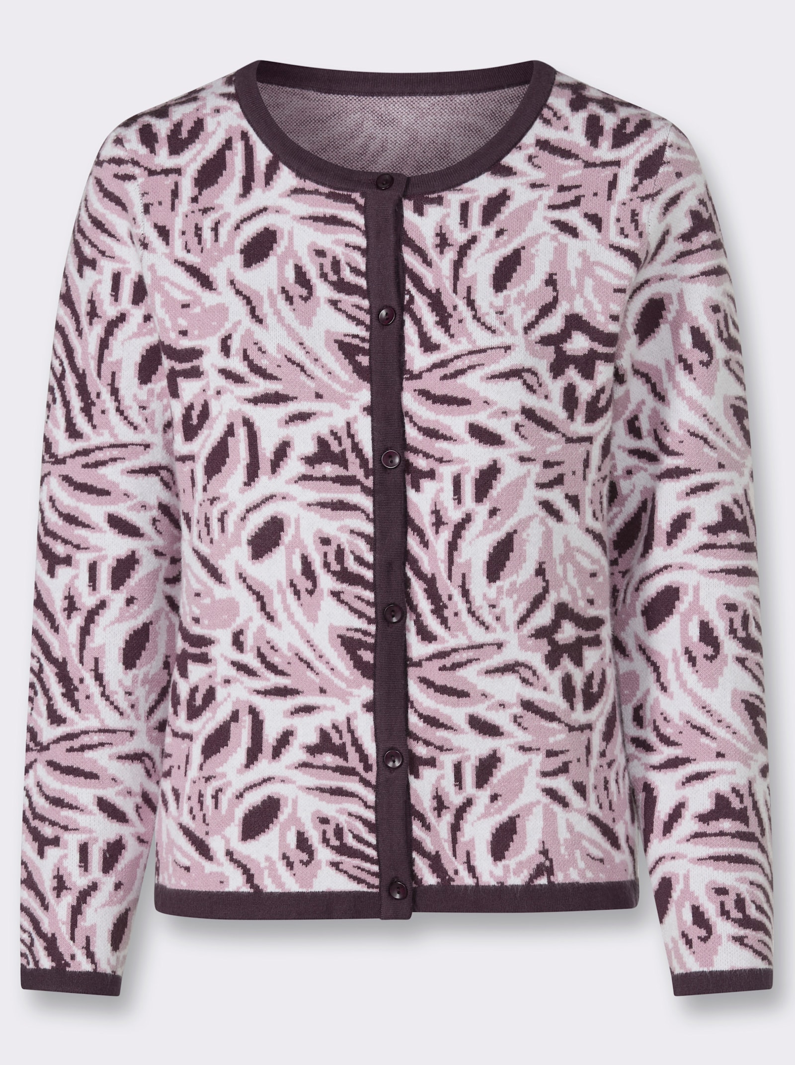 Jacquardstrickjacke mit floralem Allovermuster - aubergine-ecru-gemustert