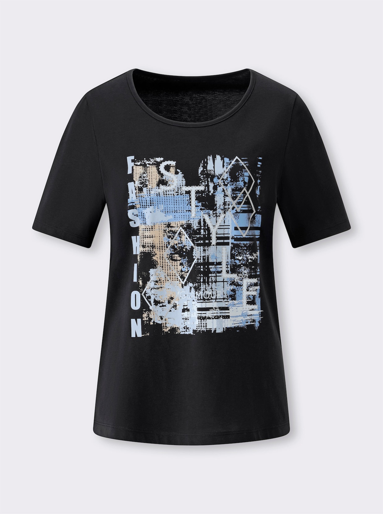 Kurzarmshirt mit Buchstaben-Druck - schwarz-hellblau