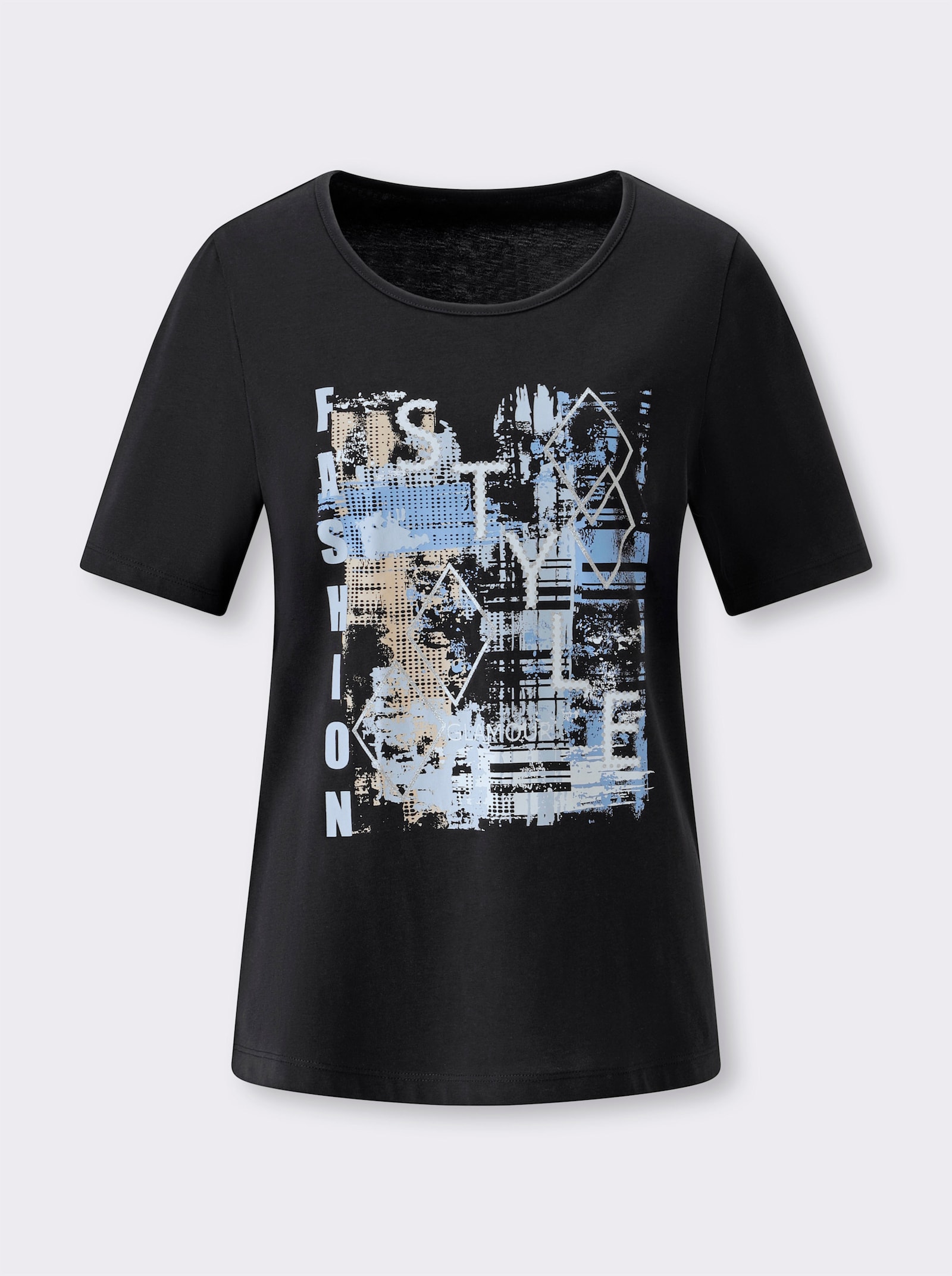 Kurzarmshirt mit Buchstaben-Druck - schwarz-hellblau