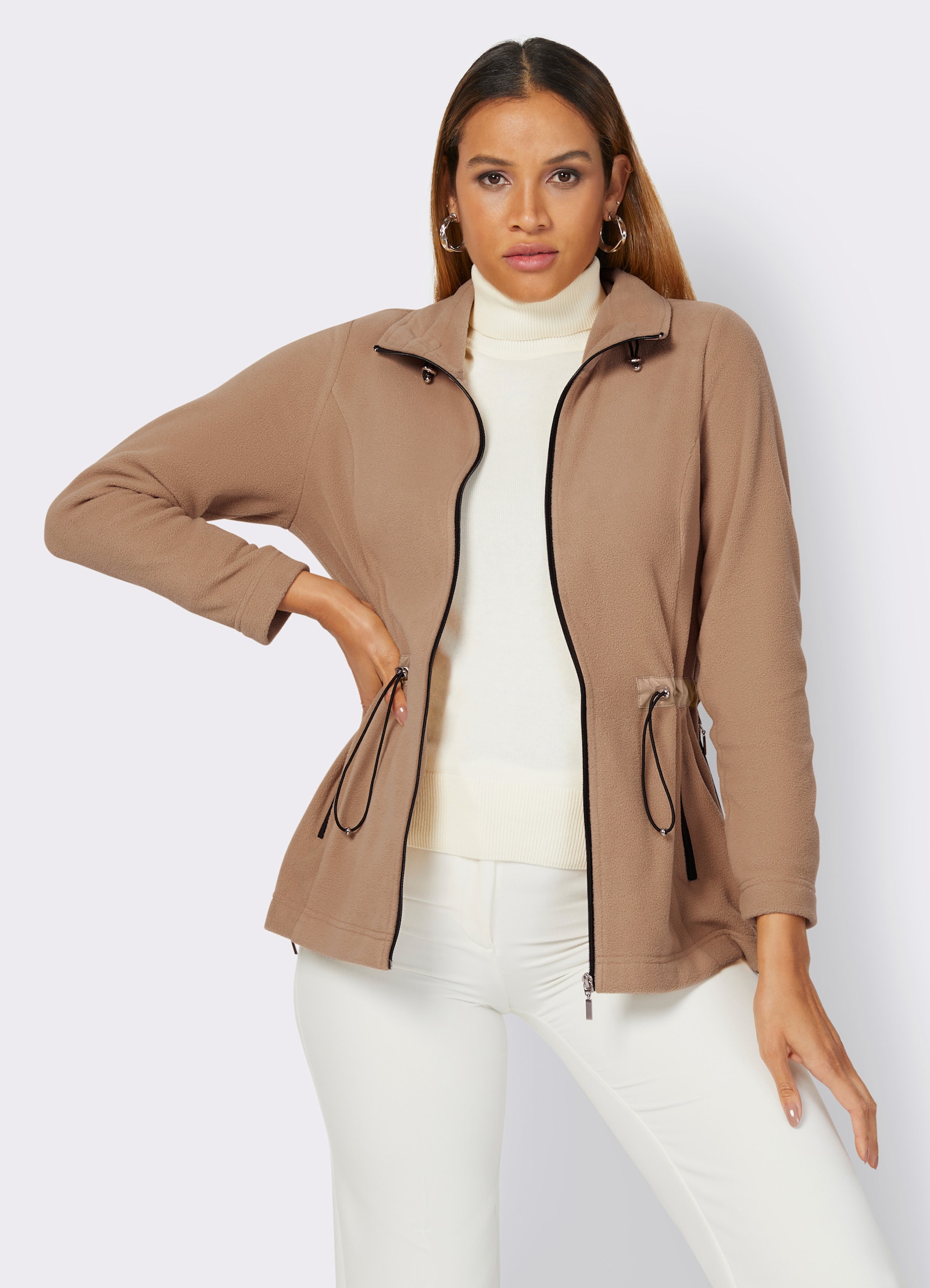 Fleecejacke mit Tunnelzug in der Taille - camel