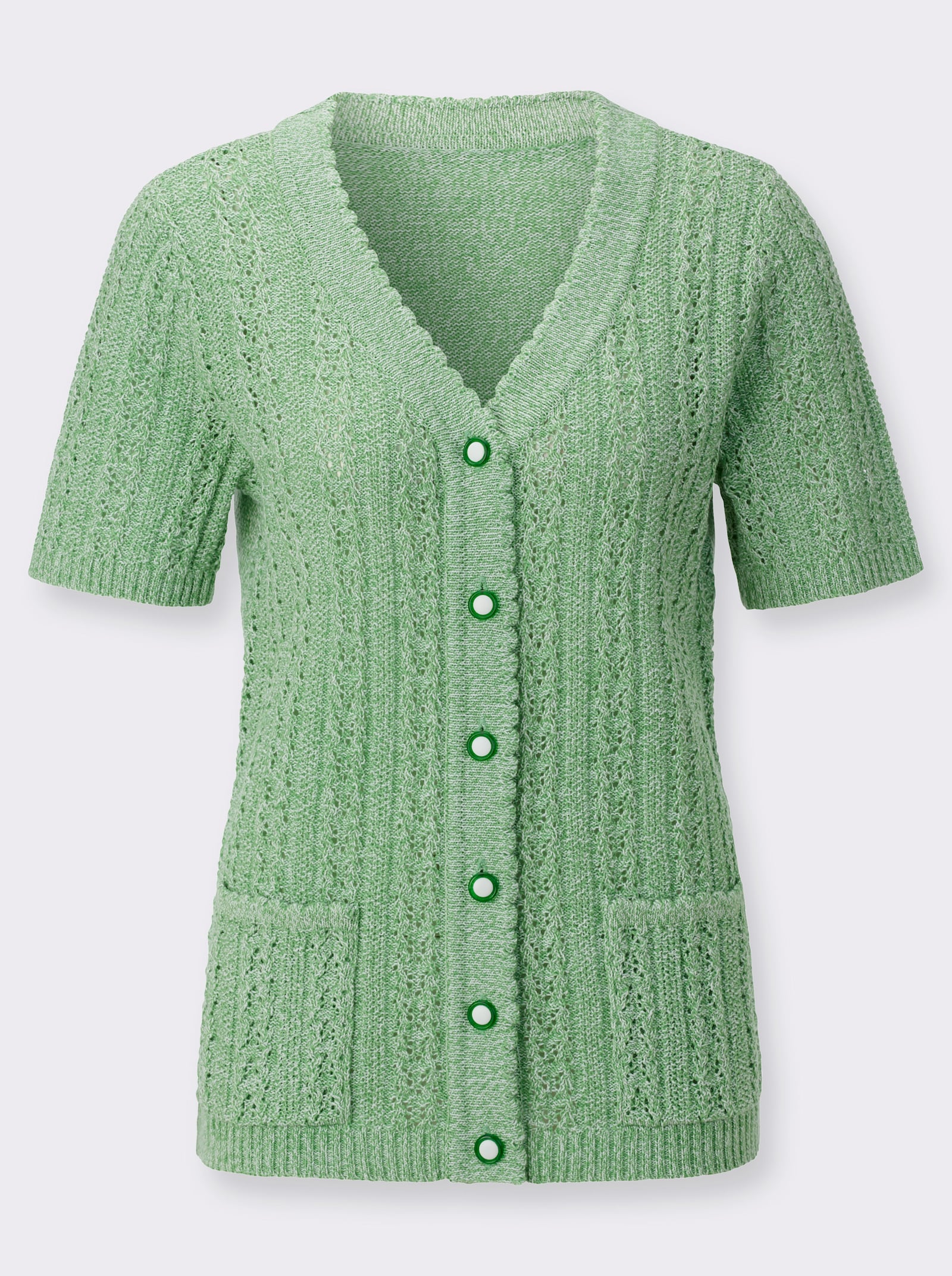 Ajourstrickjacke mit Taschen, aufgesetzt - apfel-ecru-meliert