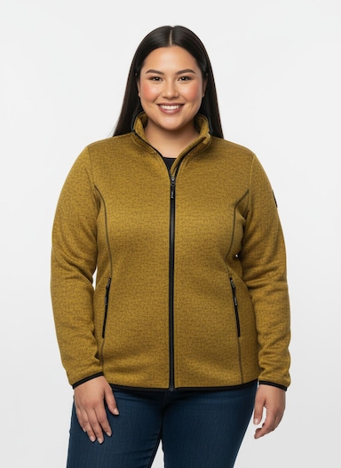 Strickfleecejacke in Longform - ocker-schwarz-gemustert