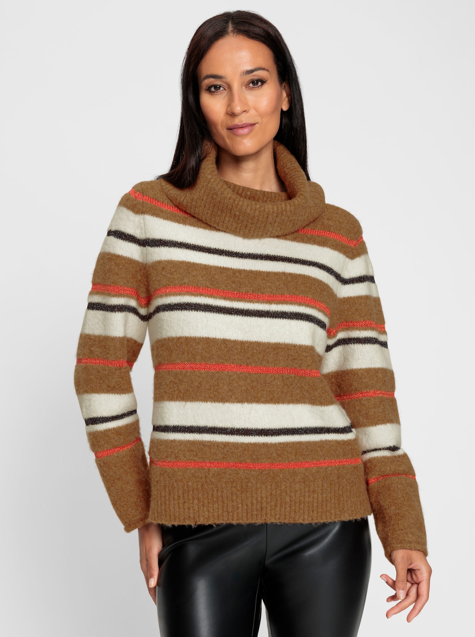 heine Streifenpullover mit weitem Rollkragen - camel-ecru-geringelt