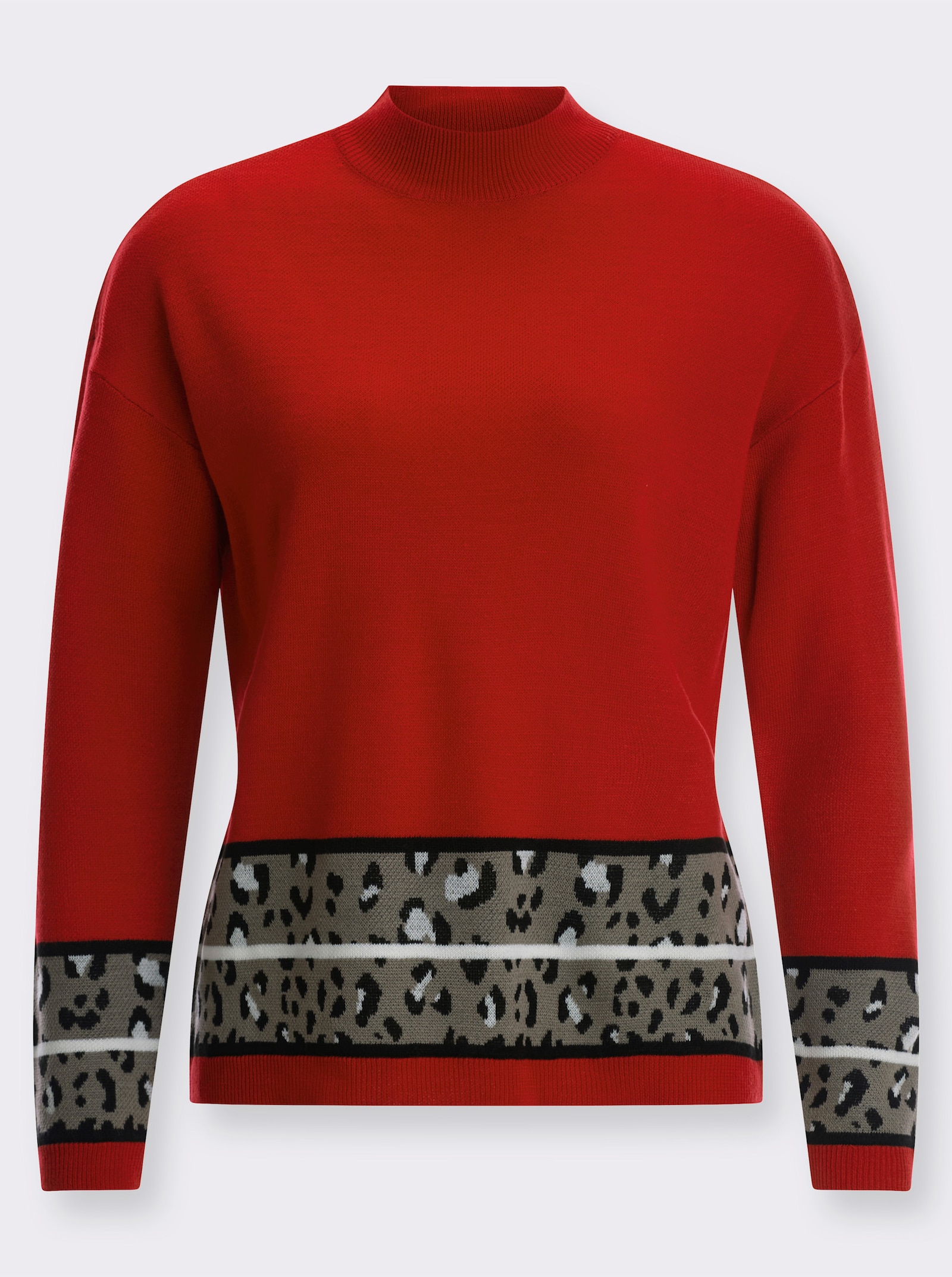 Langarm-Pullover mit Jacquard-Bordüren - rot