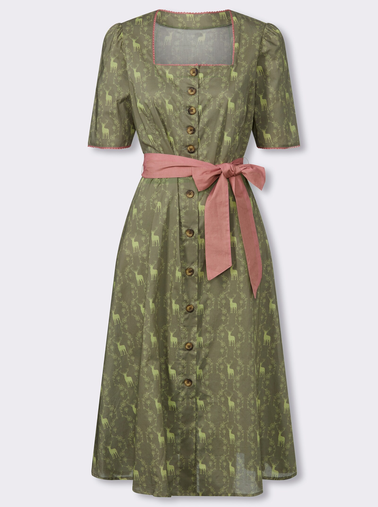 Trachtenkleid mit Knöpfen in Holz-Optik - khaki-lindgrün-bedruckt