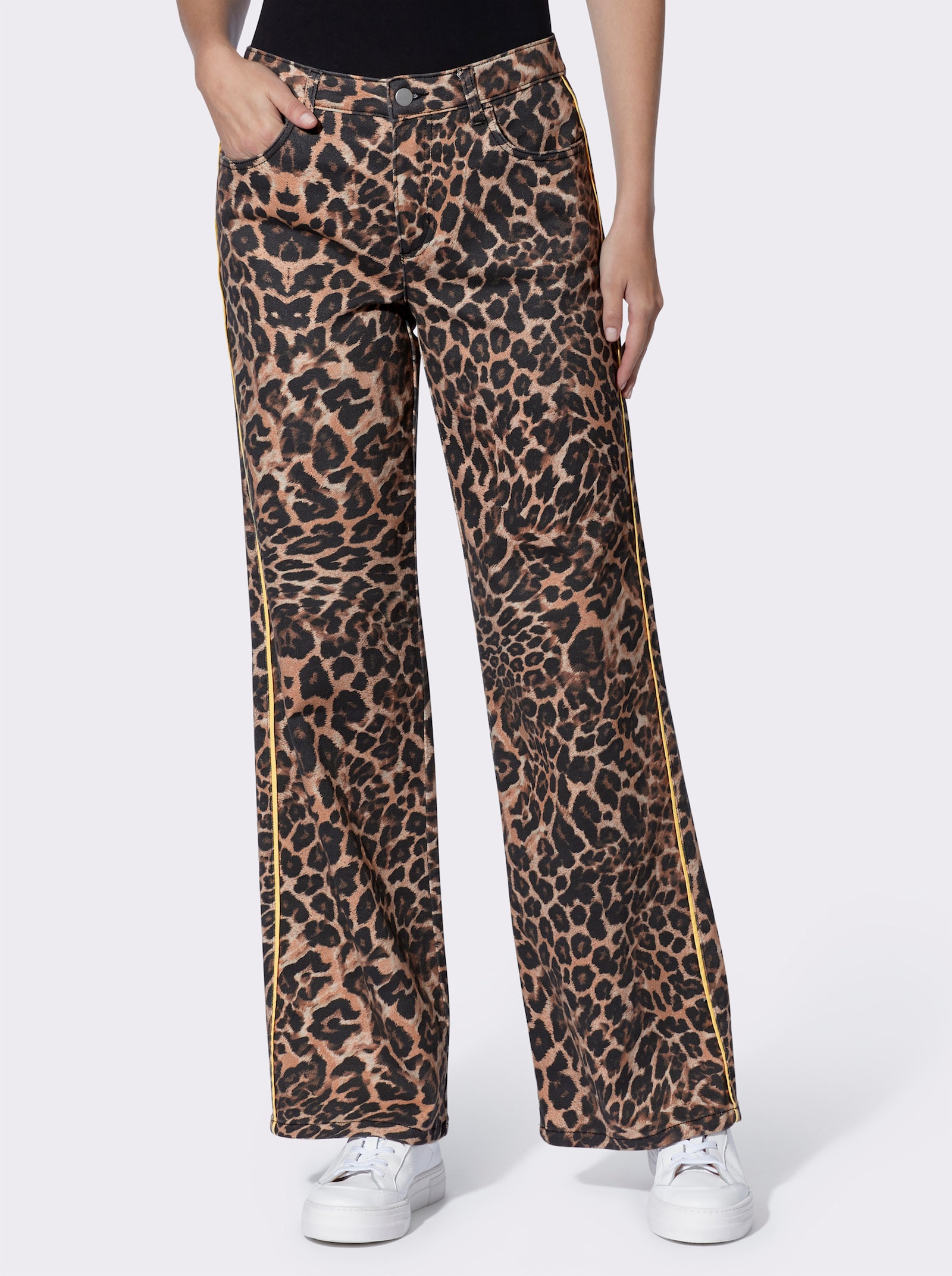 heine 5-Pocket-Hose mit Kontrast-Paspeln - schwarz-braun-bedruckt