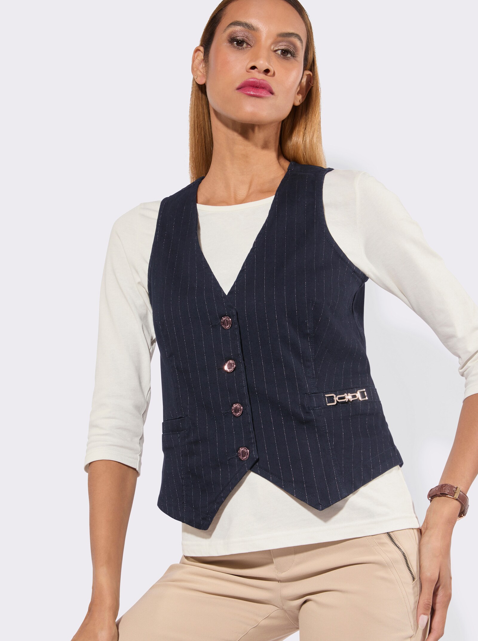 Jeansweste mit Zierspange - dark blue-roségoldfarben-gestreift