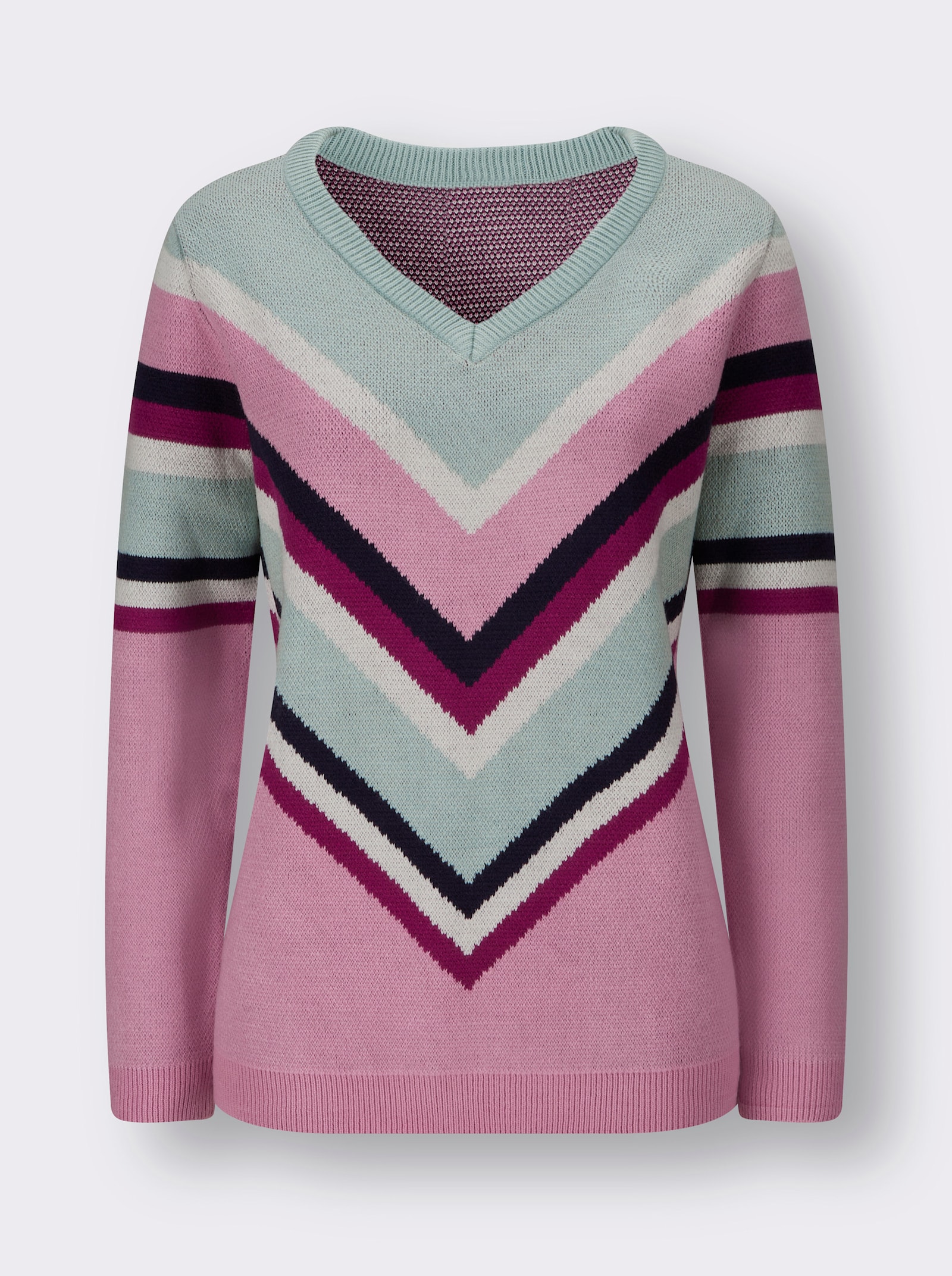 Žakárový svetr s výstřihem do V - limetkovo-mátová-starorůžová-vzor