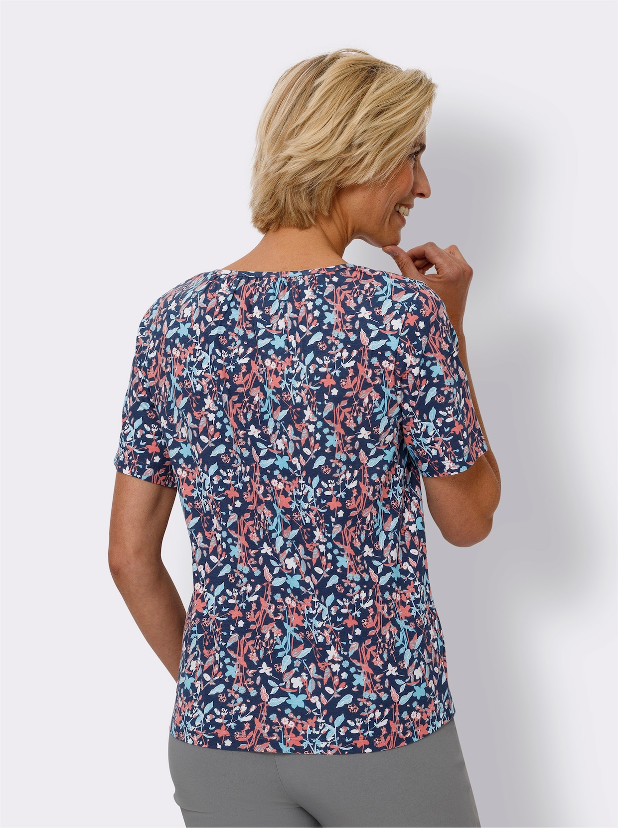Kurzarmshirt - dunkelblau-flamingo-bedruckt