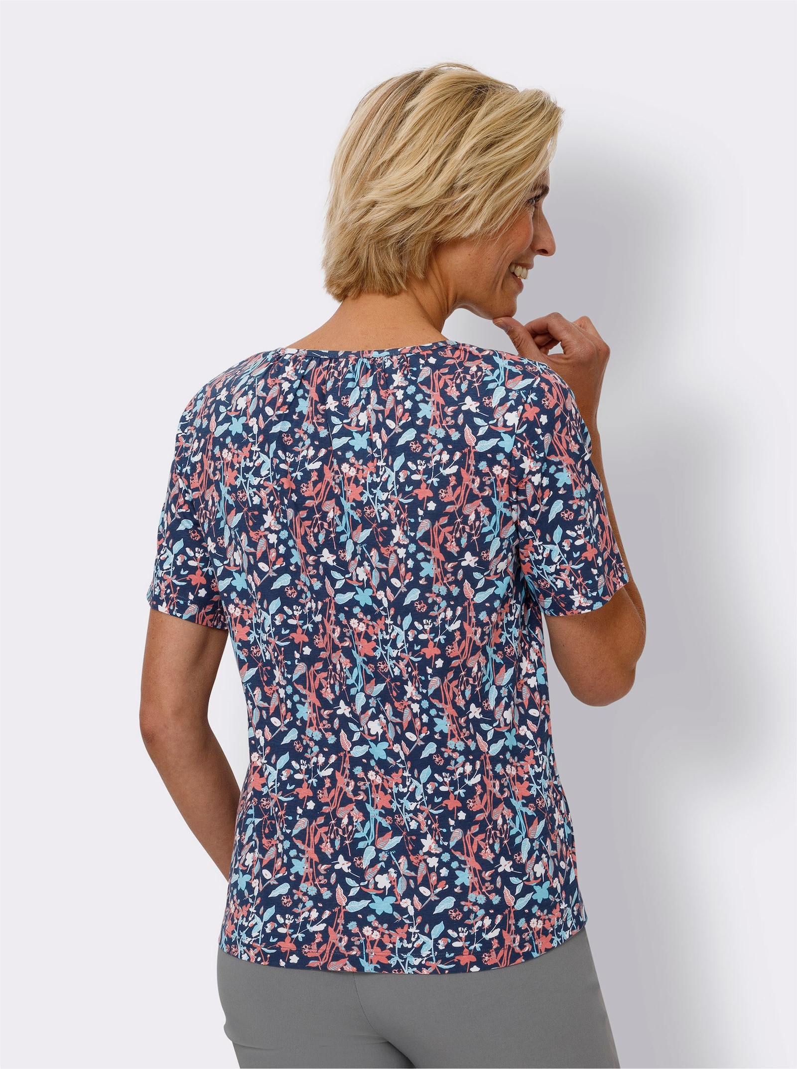 Kurzarmshirt im floralen Dessin - dunkelblau-flamingo-bedruckt