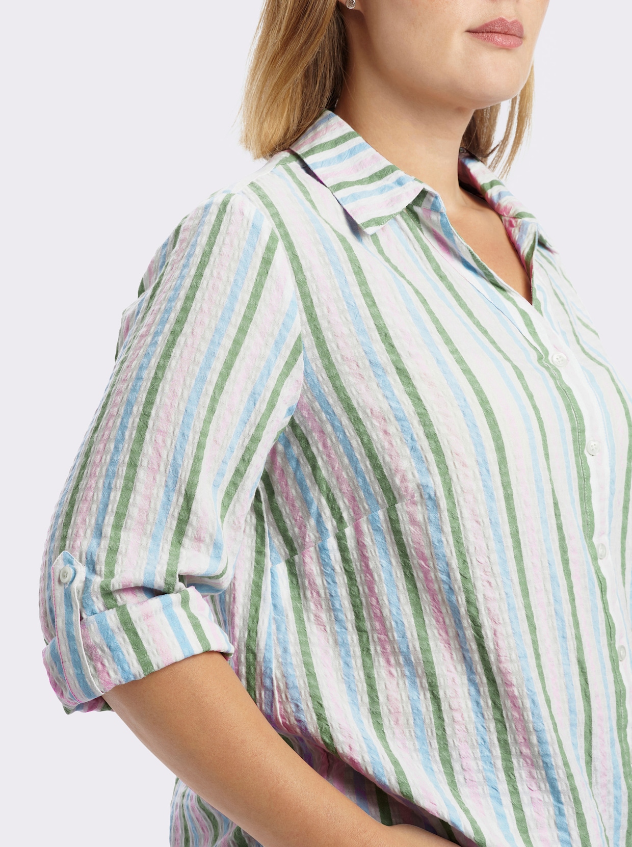 sheego Gestreifte Bluse in Seersucker-Qualität - weiß-hellrosé-gestreift