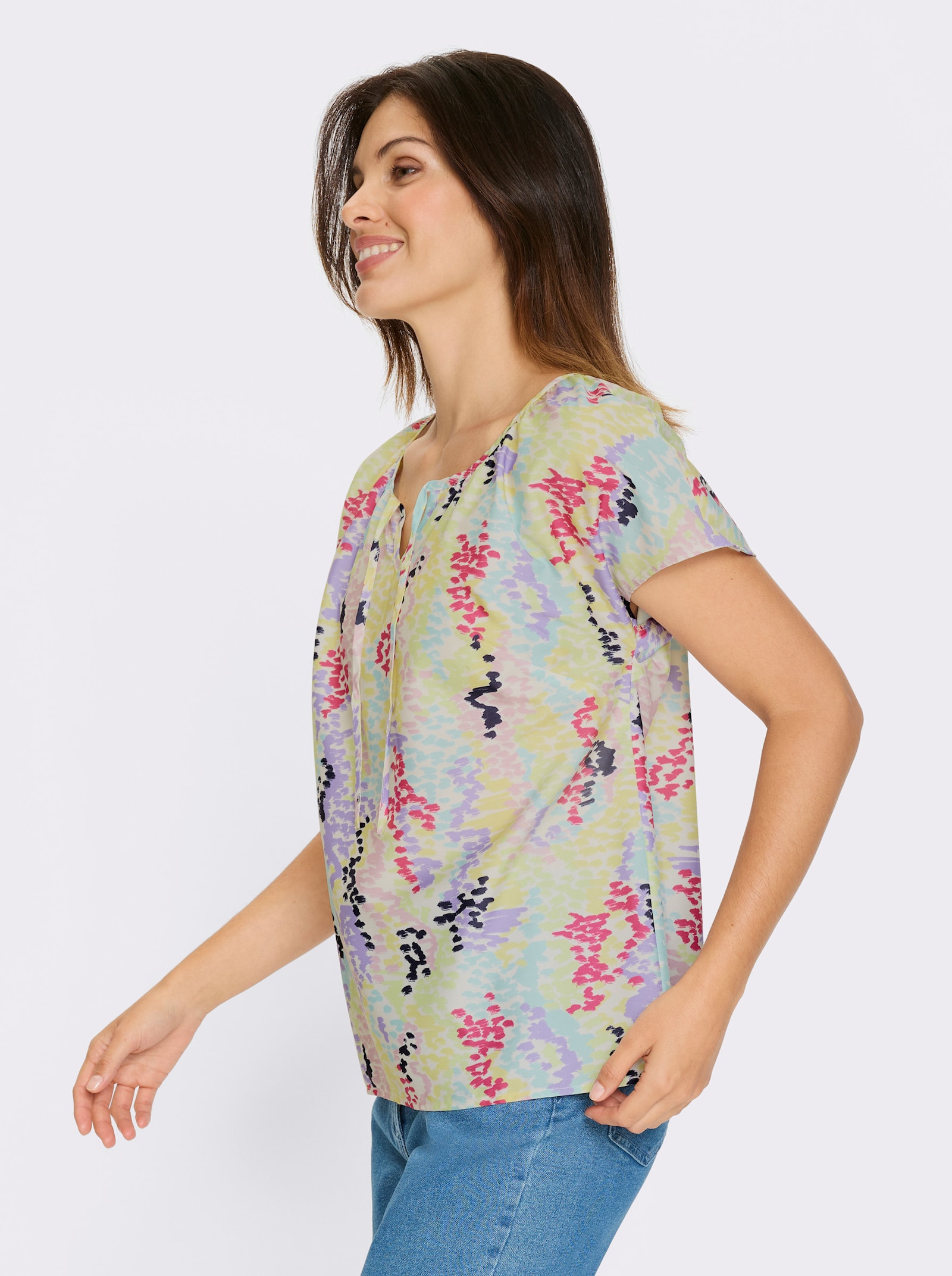 Navlékací halenka s puntíkovaným potiskem - citronová-levandulová-potisk