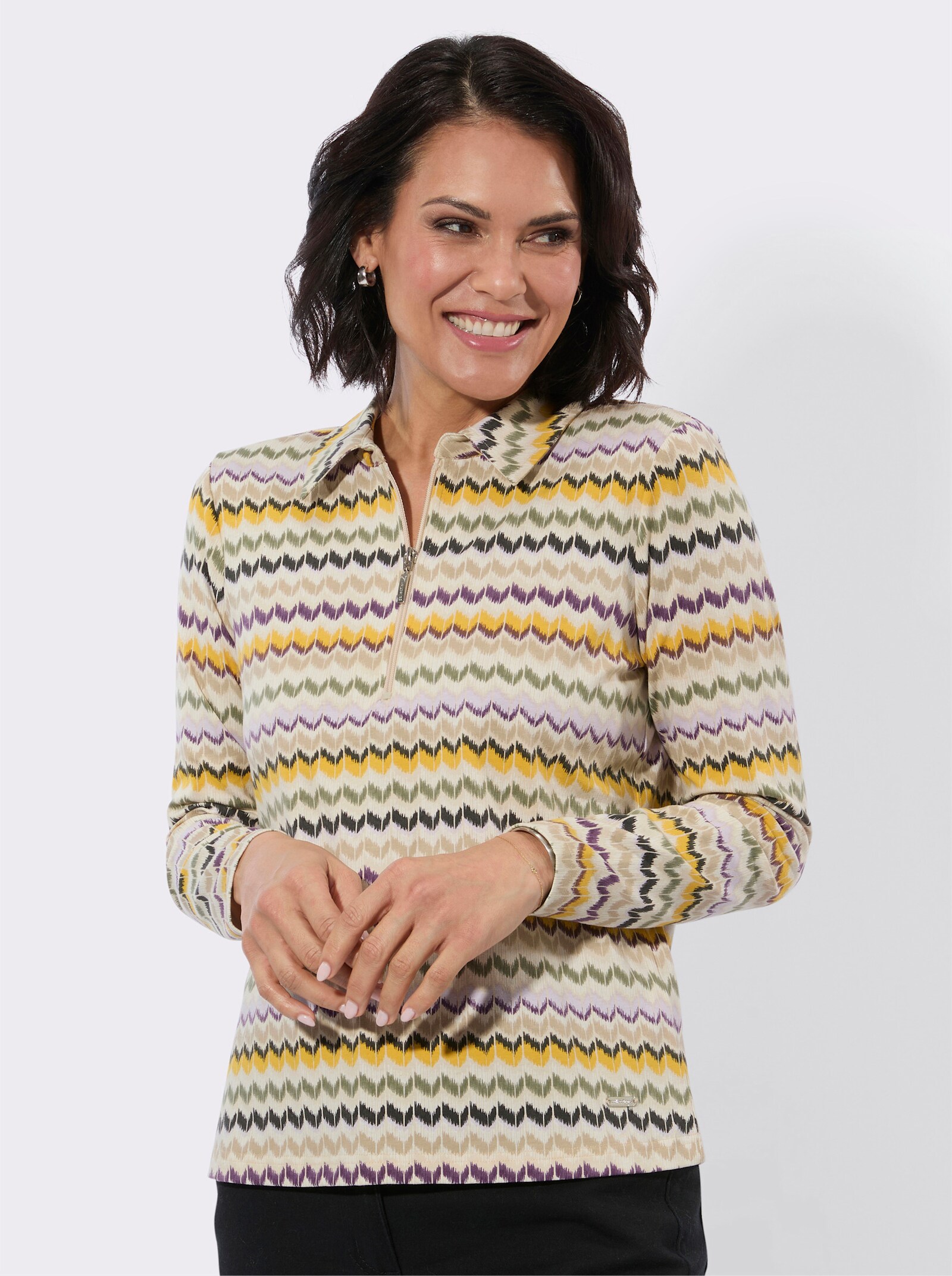 Poloshirt mit Reißverschluss - oliv-traube-gemustert