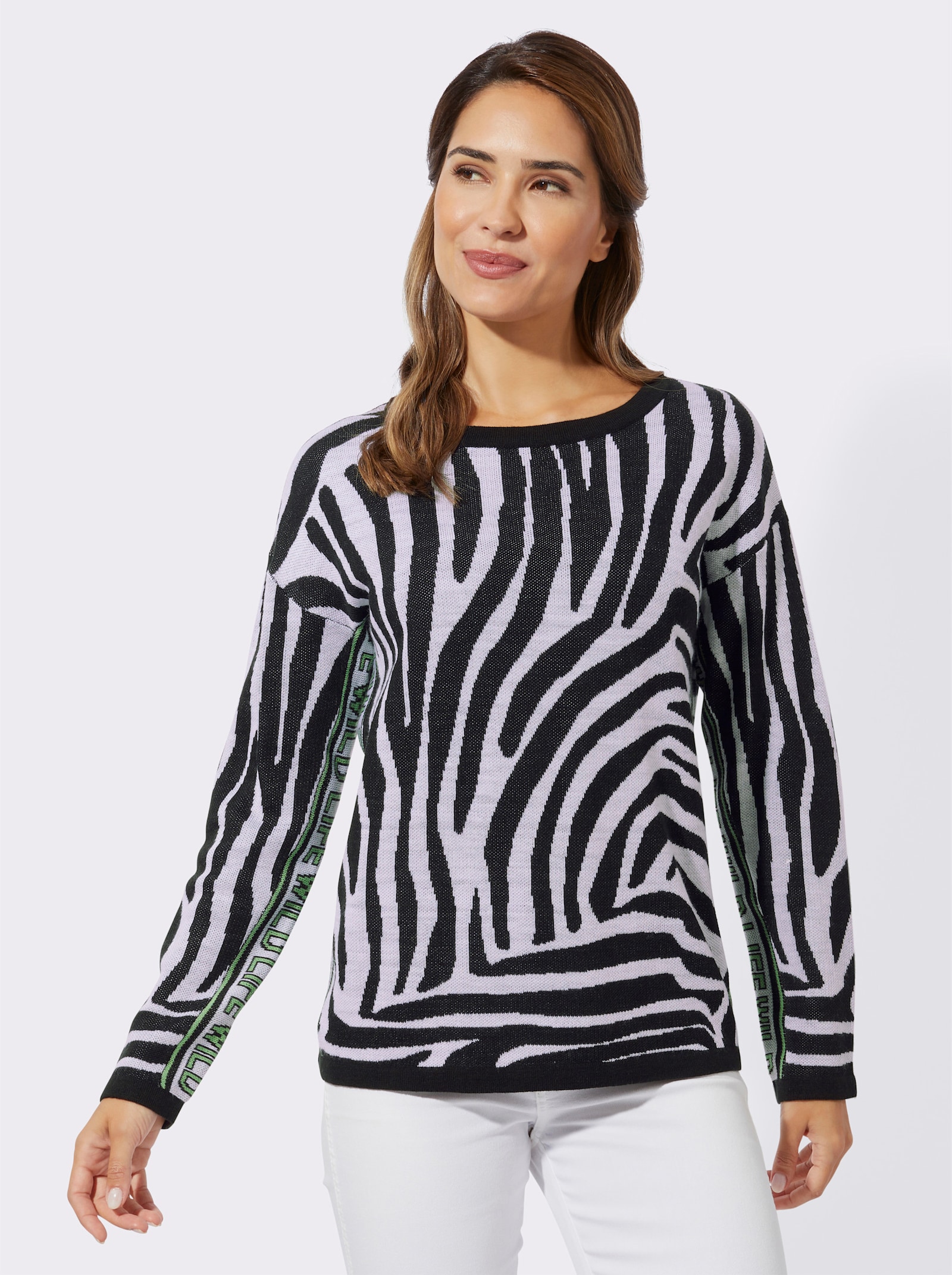 Langarm-Pullover mit Animal-Jacquard - schwarz-weiß-gemustert