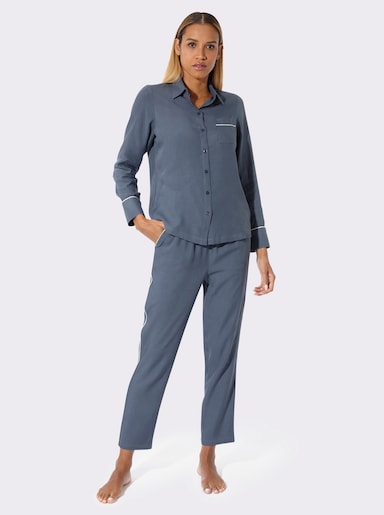 wäschepur Pyjama mit Brusttasche - rauchblau-ecru