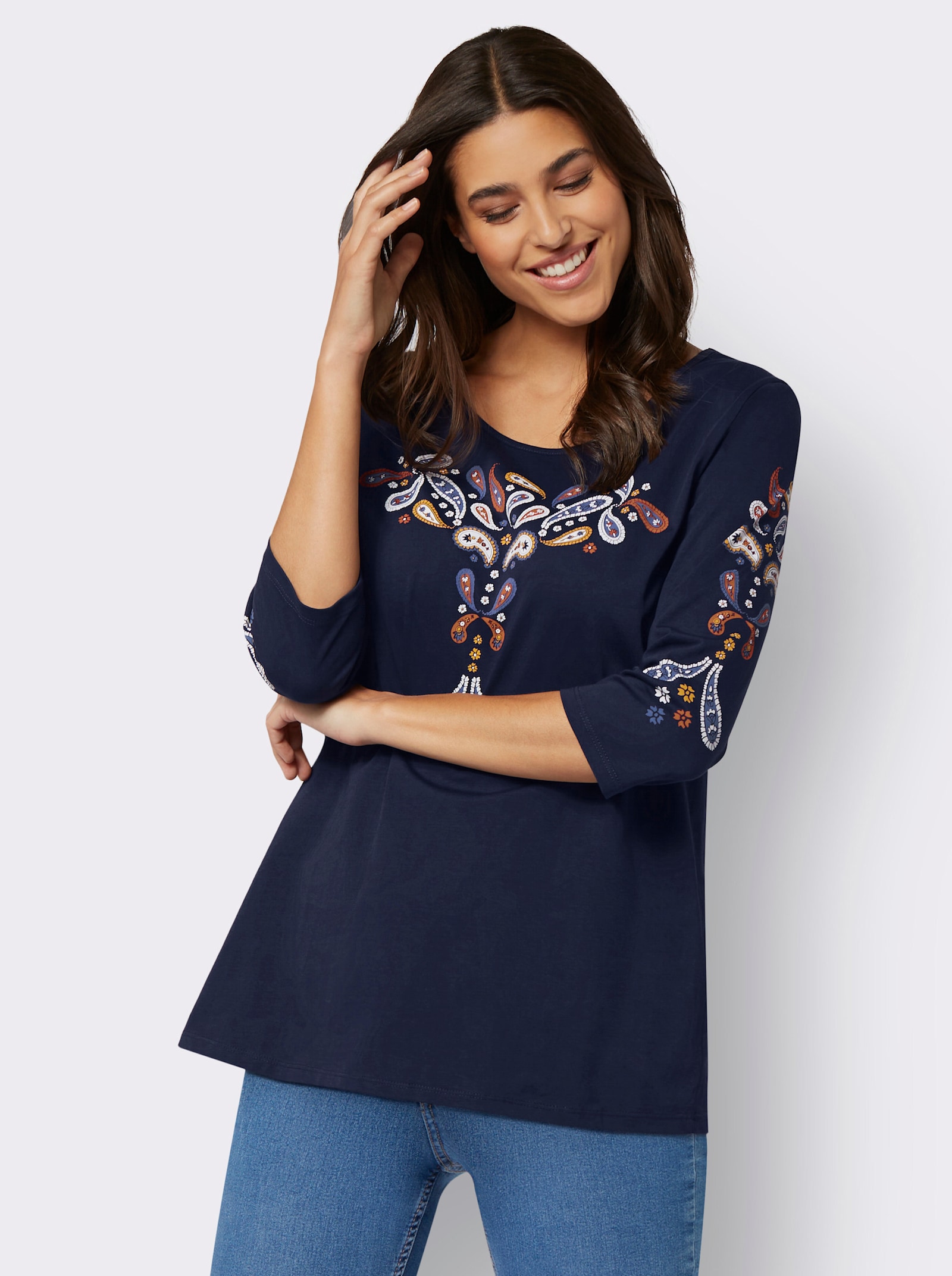 Longshirt im Paisley-Druckmuster - marine-rostrot