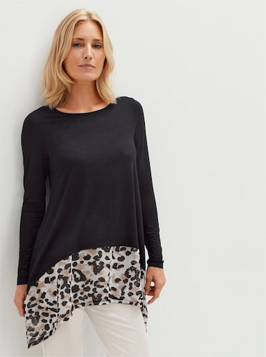 Longshirt mit Chiffon-Einsatz am Saum - schwarz