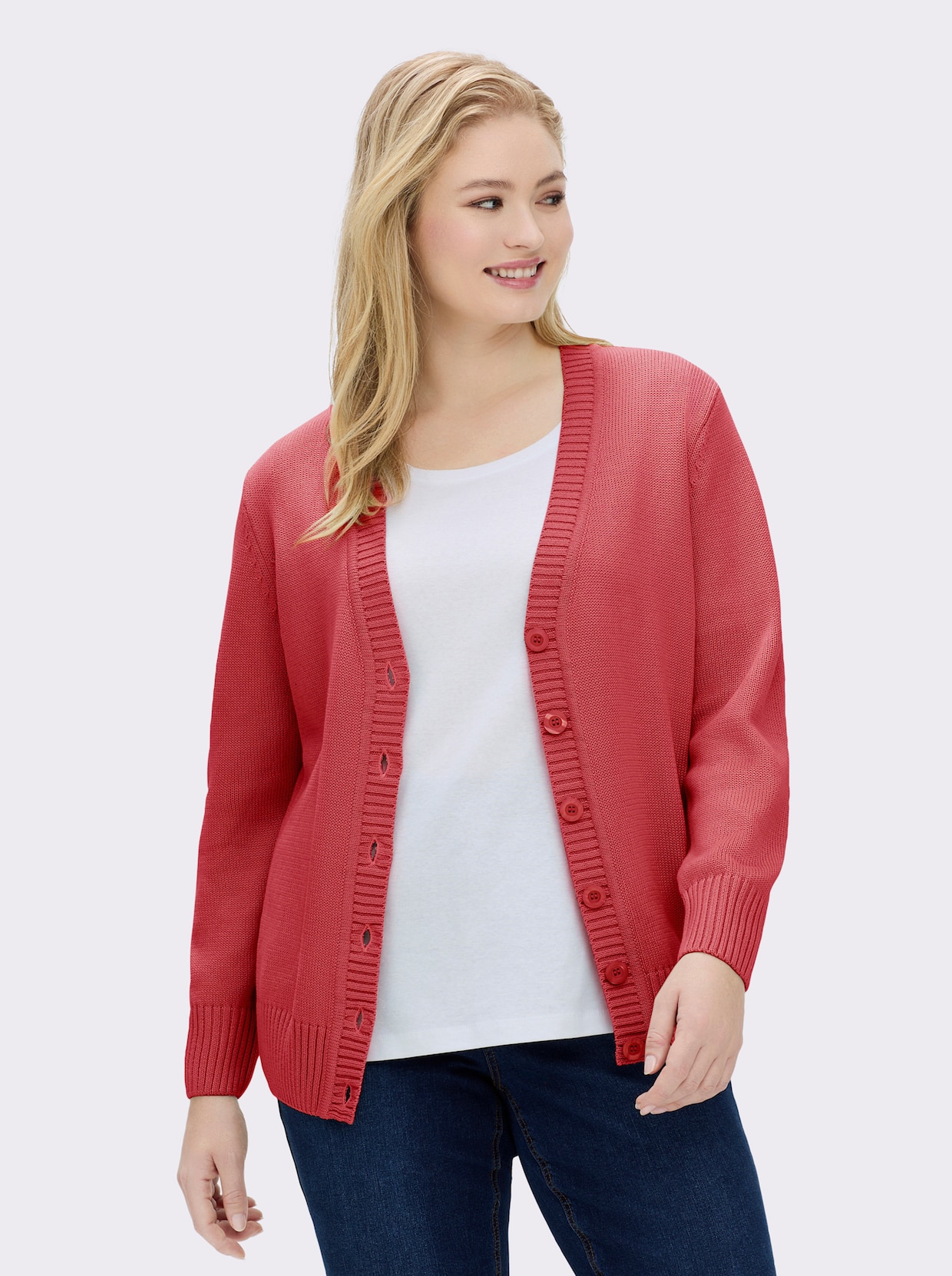 Strickjacke mit farblich abgestimmten Knöpfen - korallenrot