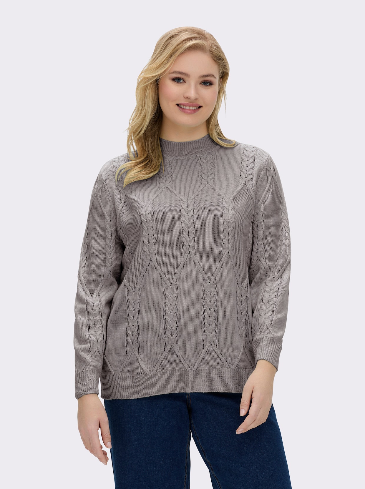 Langarm-Pullover mit Zopfmuster - steingrau