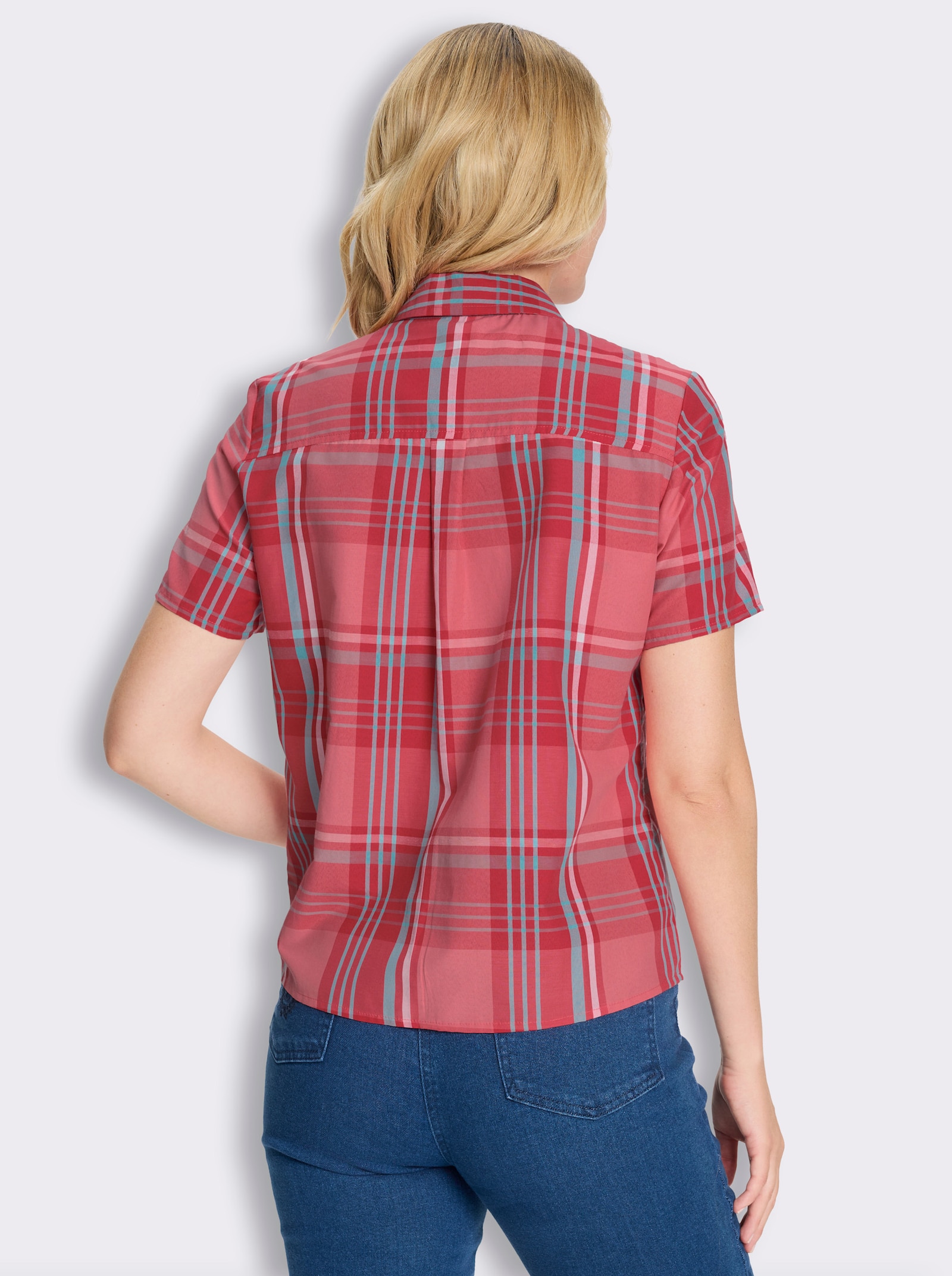 Kurzarm-Bluse - flamingo-ecru-kariert