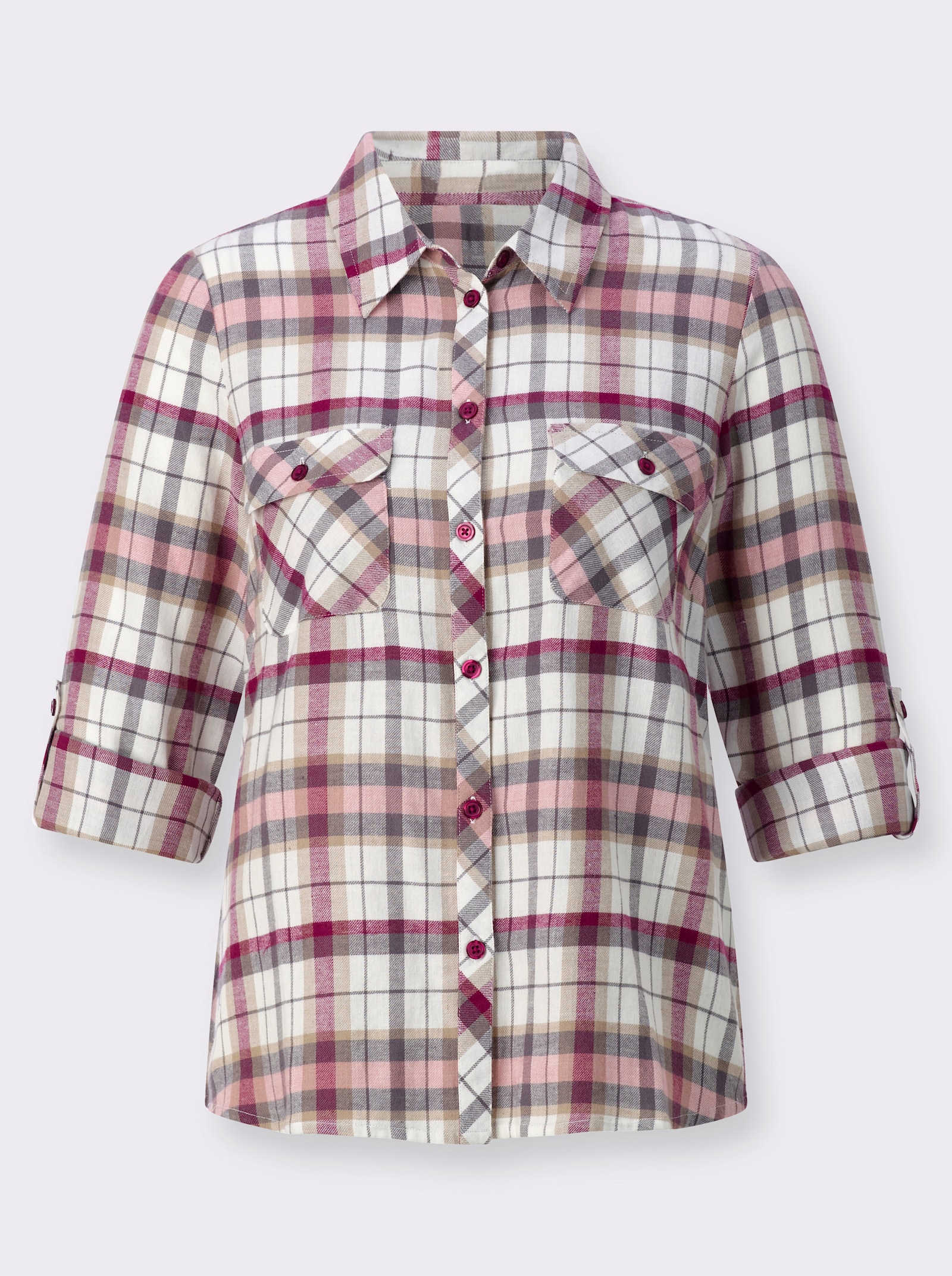 Flanellen blouse met licht afgeronde zoom - rozenhout/ecru geruit