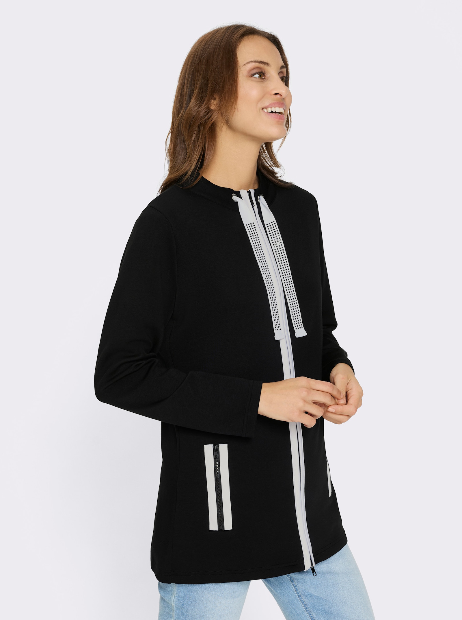 Sweatjacke mit 2-Wege-Reissverschluss - schwarz