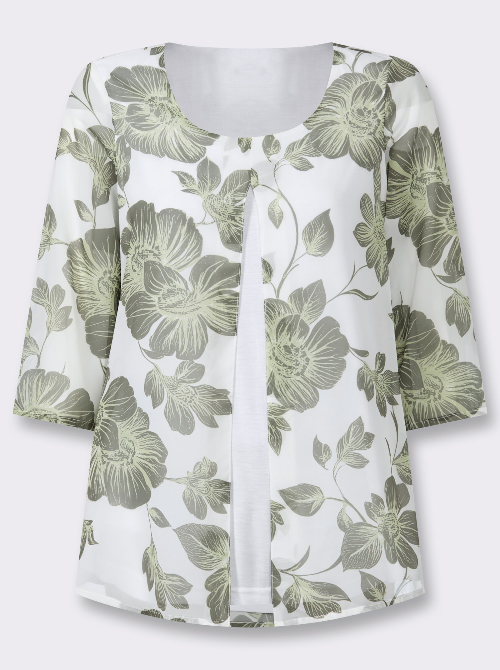 Druckbluse in 2-in-1-Optik - weiß-khaki-bedruckt