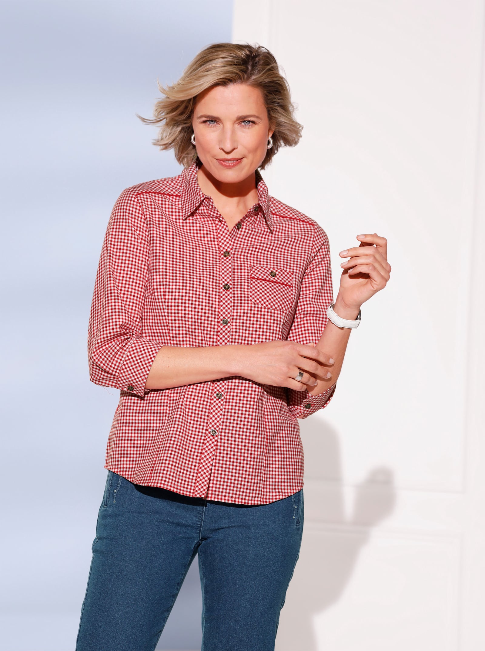 Kostkovaná halenka z čisté bavlny - červená-ecru-kostka