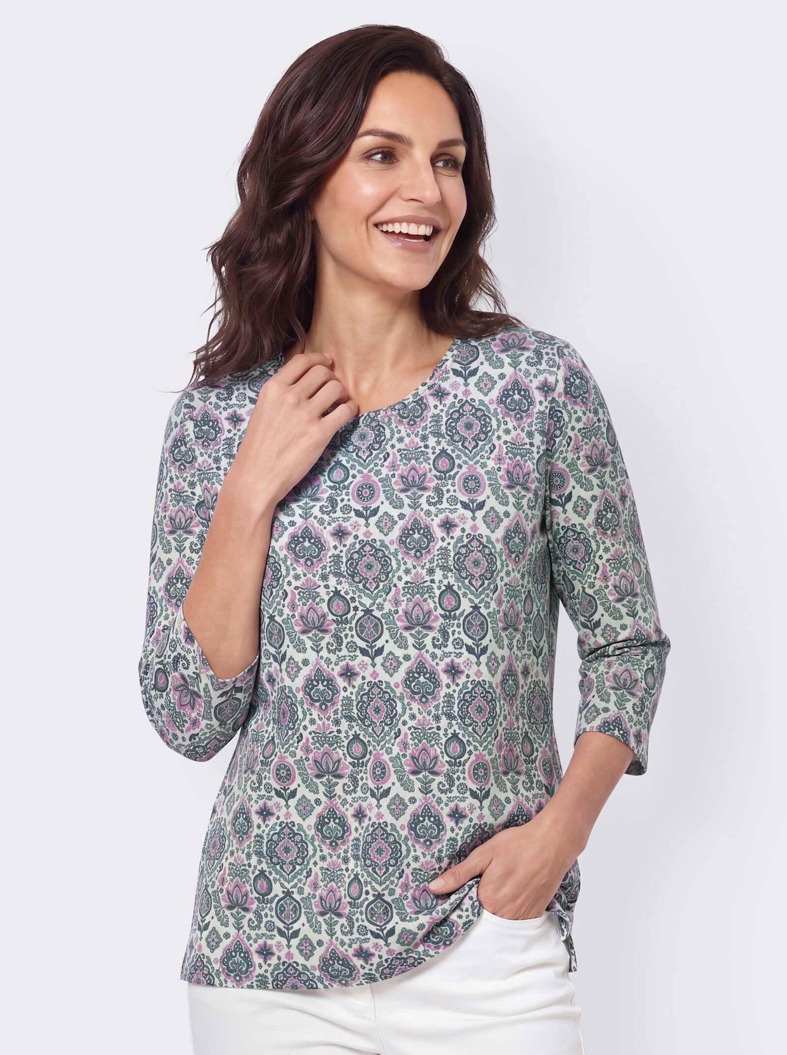 Print-Shirt in ornamentalem Dessin - ecru-rauchblau-bedruckt