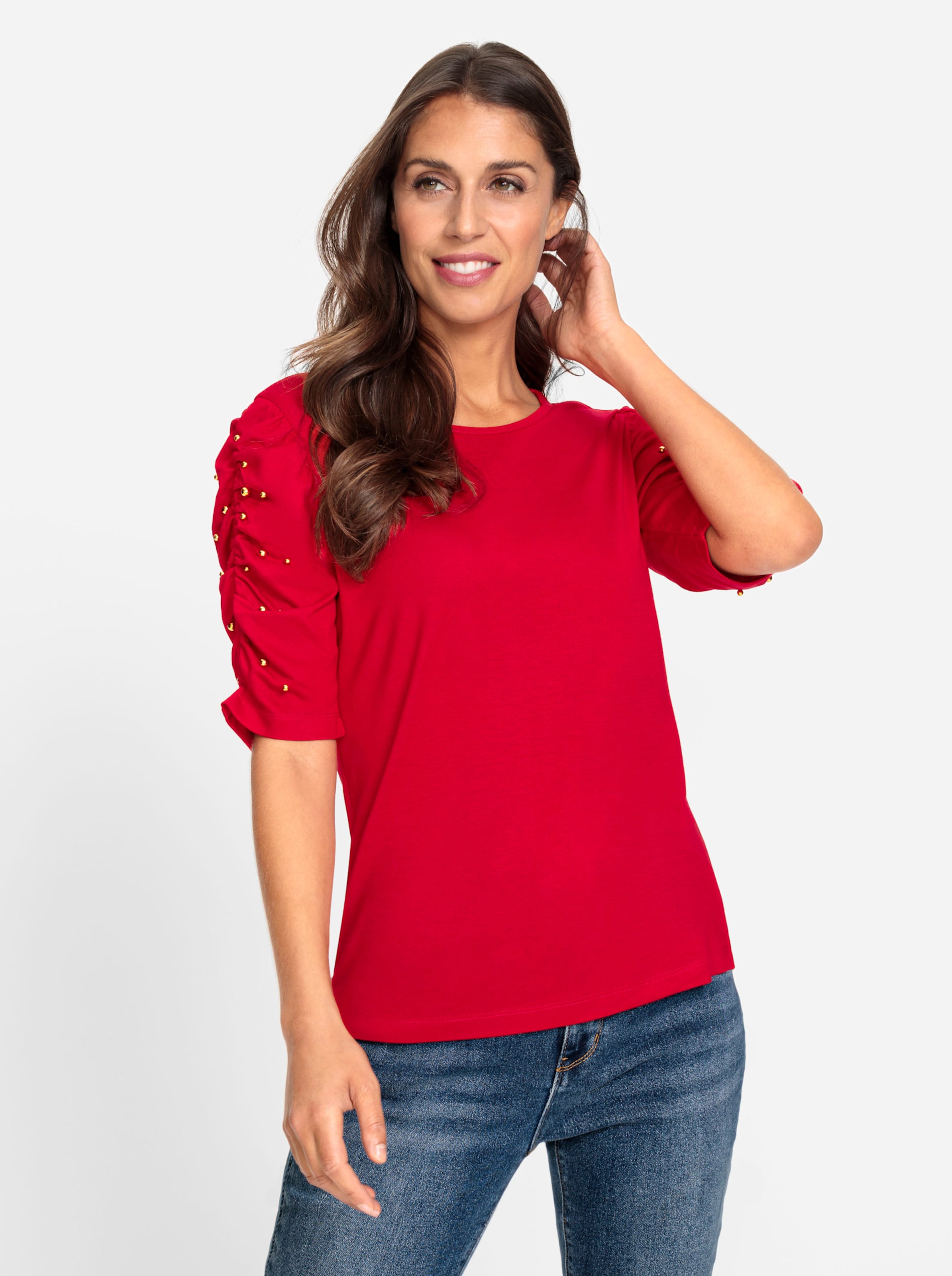 Rot PU günstig Kaufen-Shirt in rot von heine. Shirt in rot von heine <![CDATA[Shirt Angenehme weiche Viskose-Qualität. Kurzarm in dezenter Puffärmelform mit Raffung und aufwendigen Zierperlen-Applikationen. Rundhalsausschnitt.]]>. 