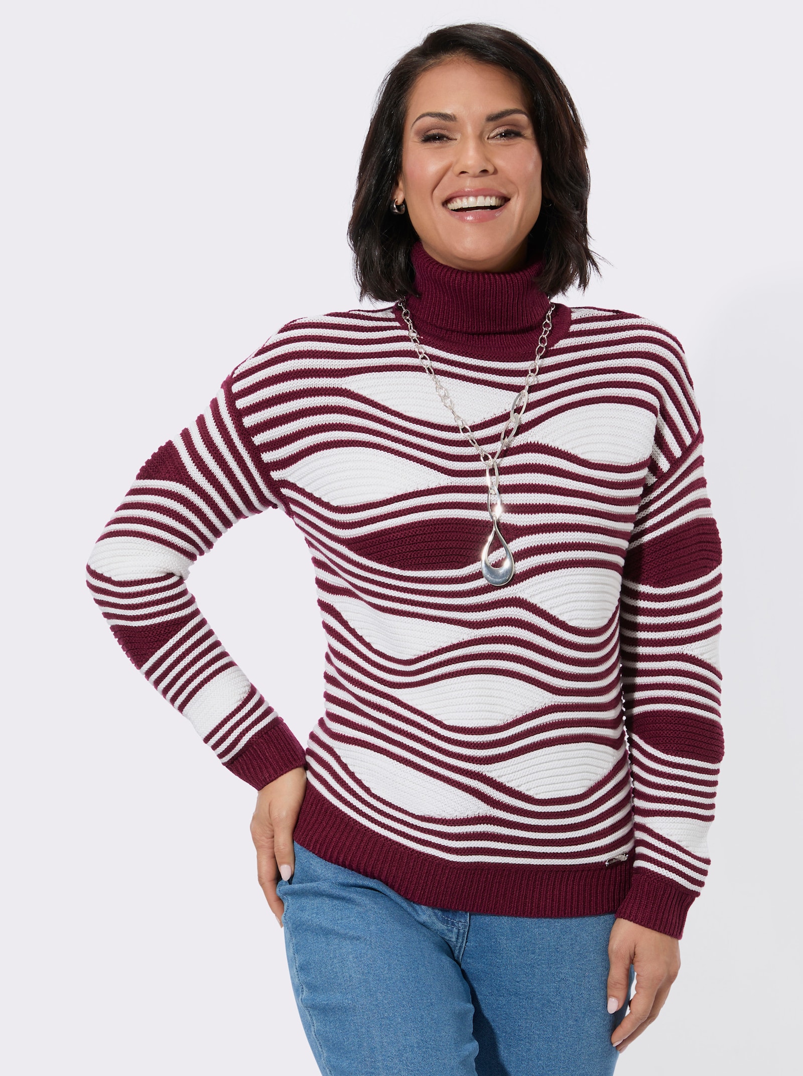 Rollkragenpullover mit Intarsienmuster - bordeaux-ecru-gemustert