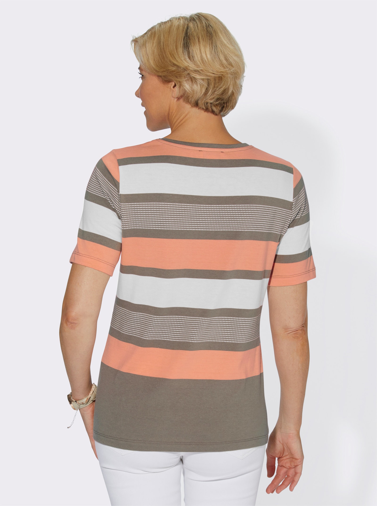 Tričko, okr.výstrih, šir.pruhy - Lososové pruhovanie