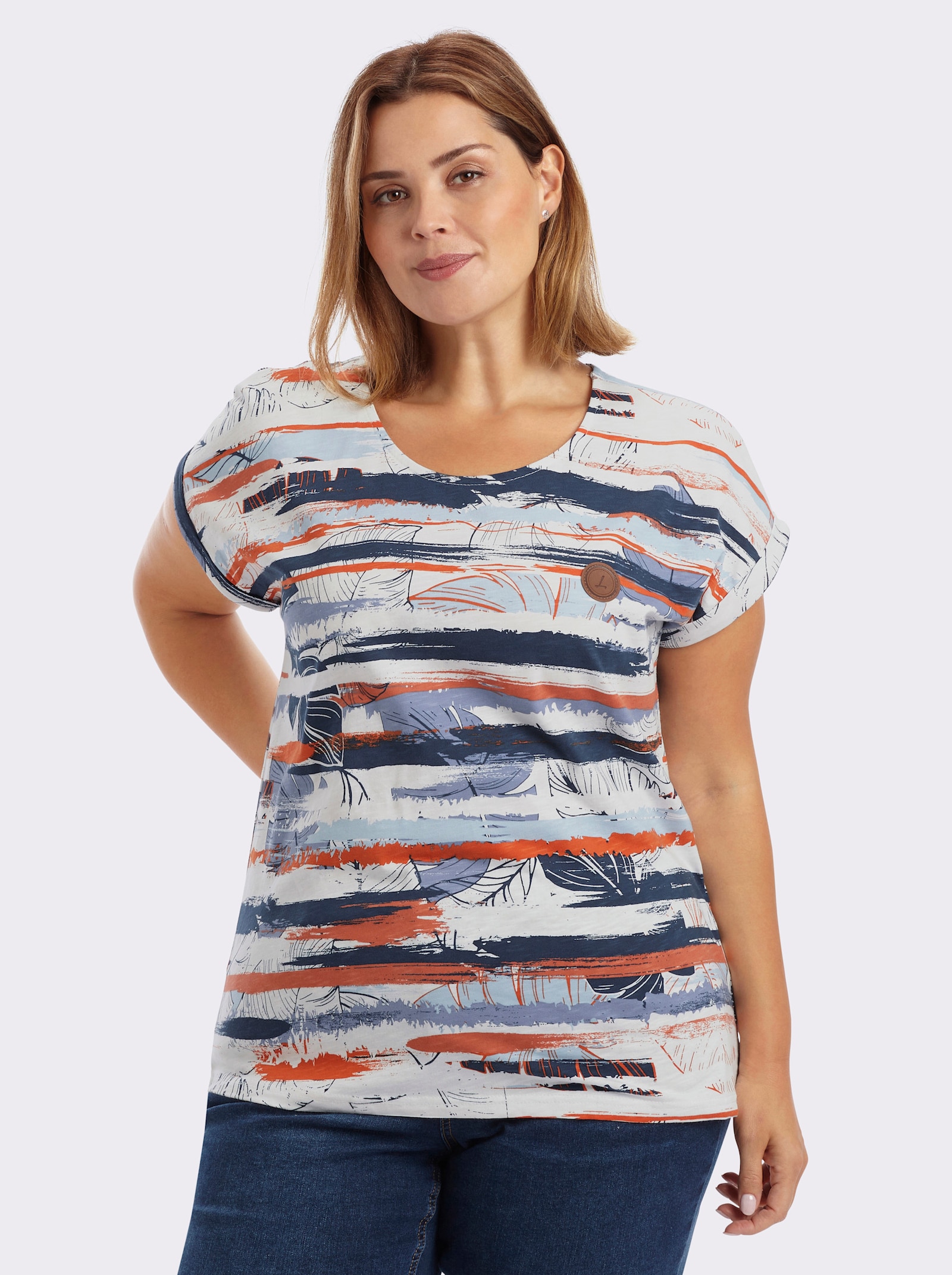  Print-Shirt mit vorne abgerundetem Saum - dunkelblau-papaya-bedruckt