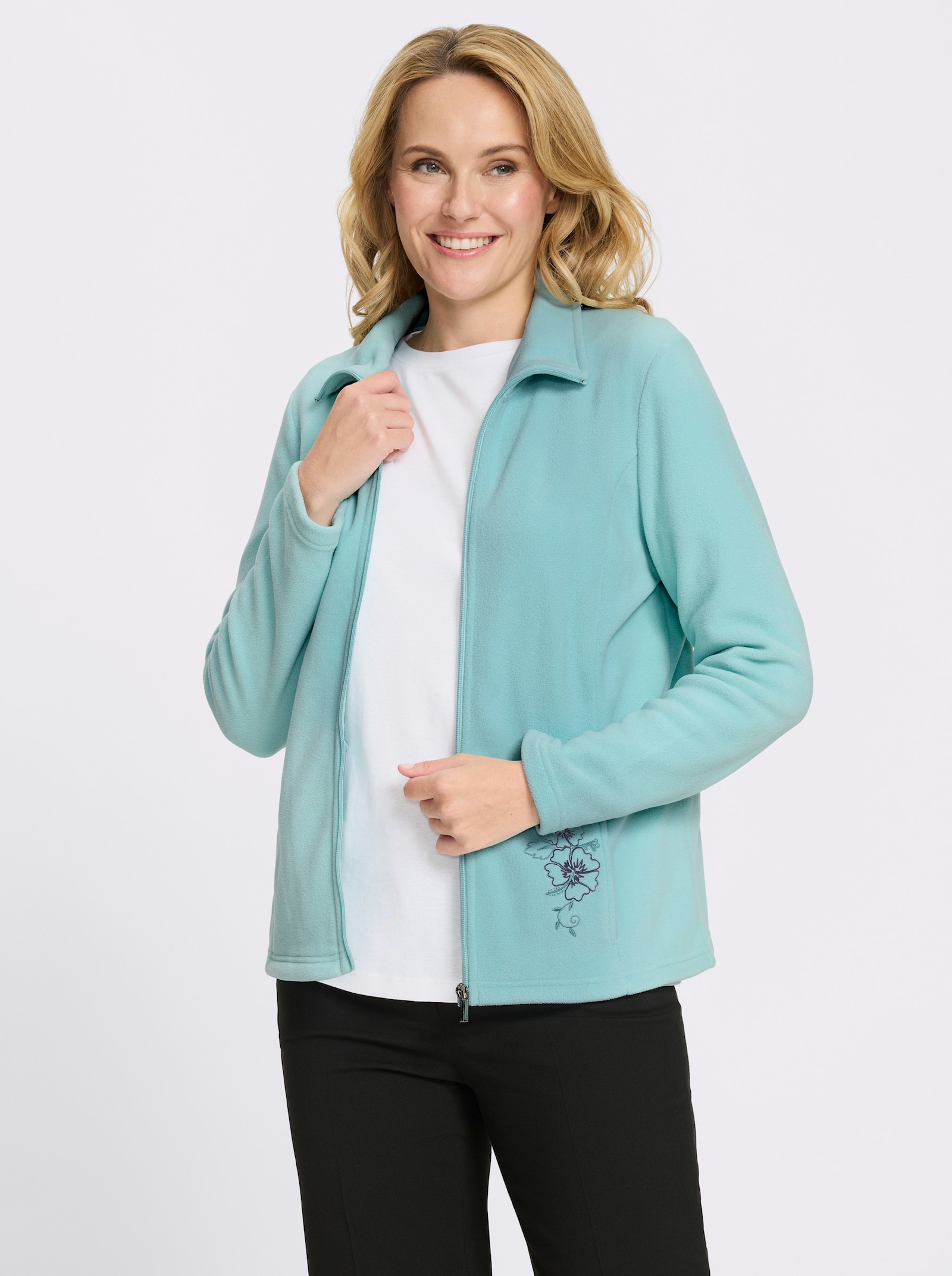 Fleecejacke mit Blütenstickerei - mint