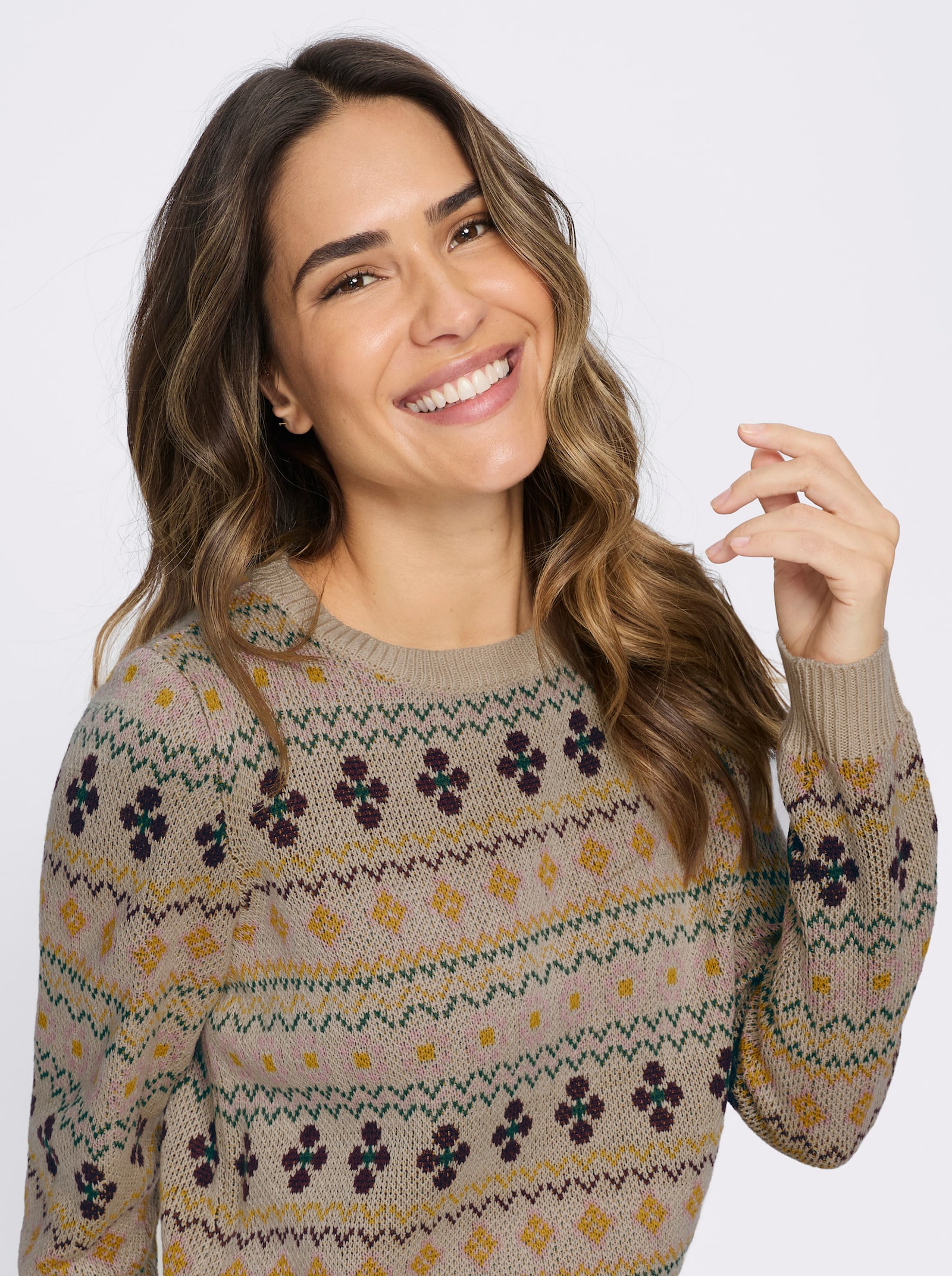 Jacquard-Pullover mit gerippten Abschlüssen - sand-burgund-gemustert