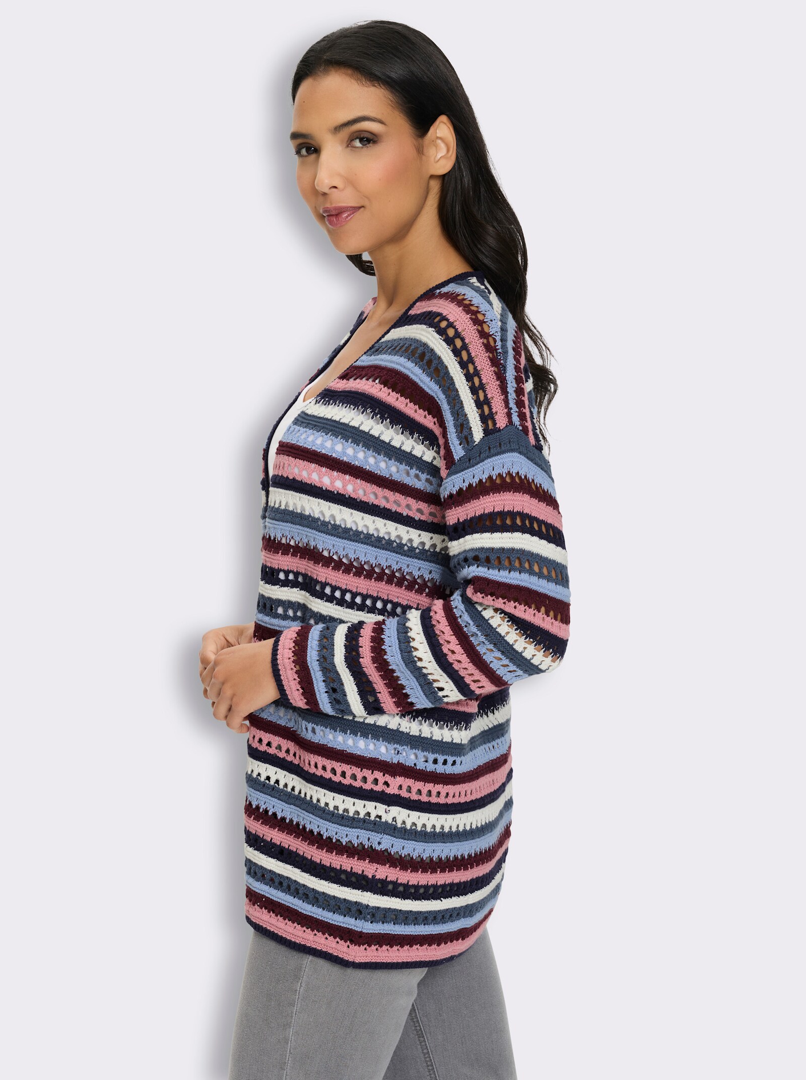 Longstrickjacke in Ajour-Streifenmuster - fuchsia-rauchblau-geringelt