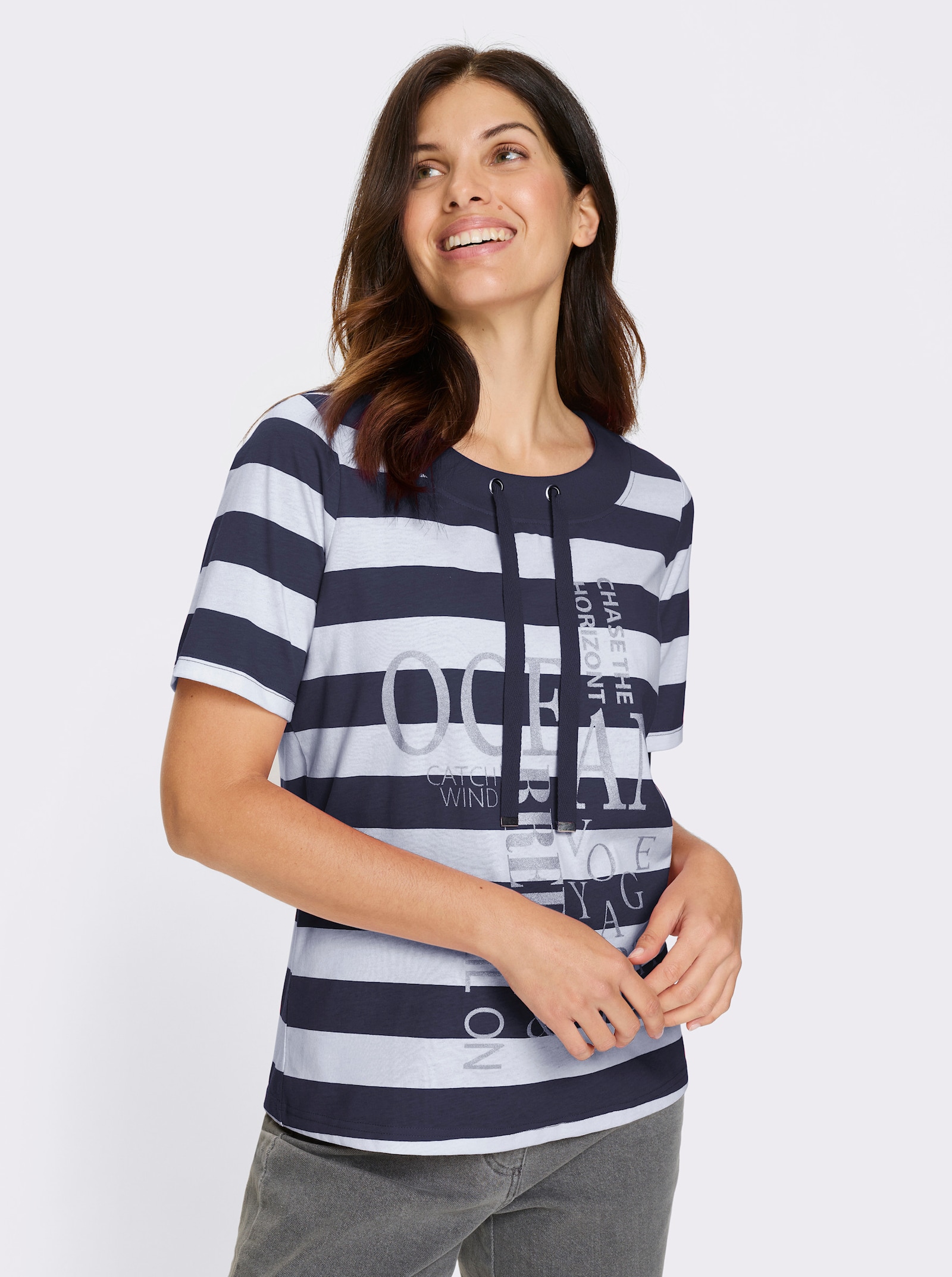 Kurzarmshirt mit Glitzer-Druck, gestreift - marine-weiss-geringelt