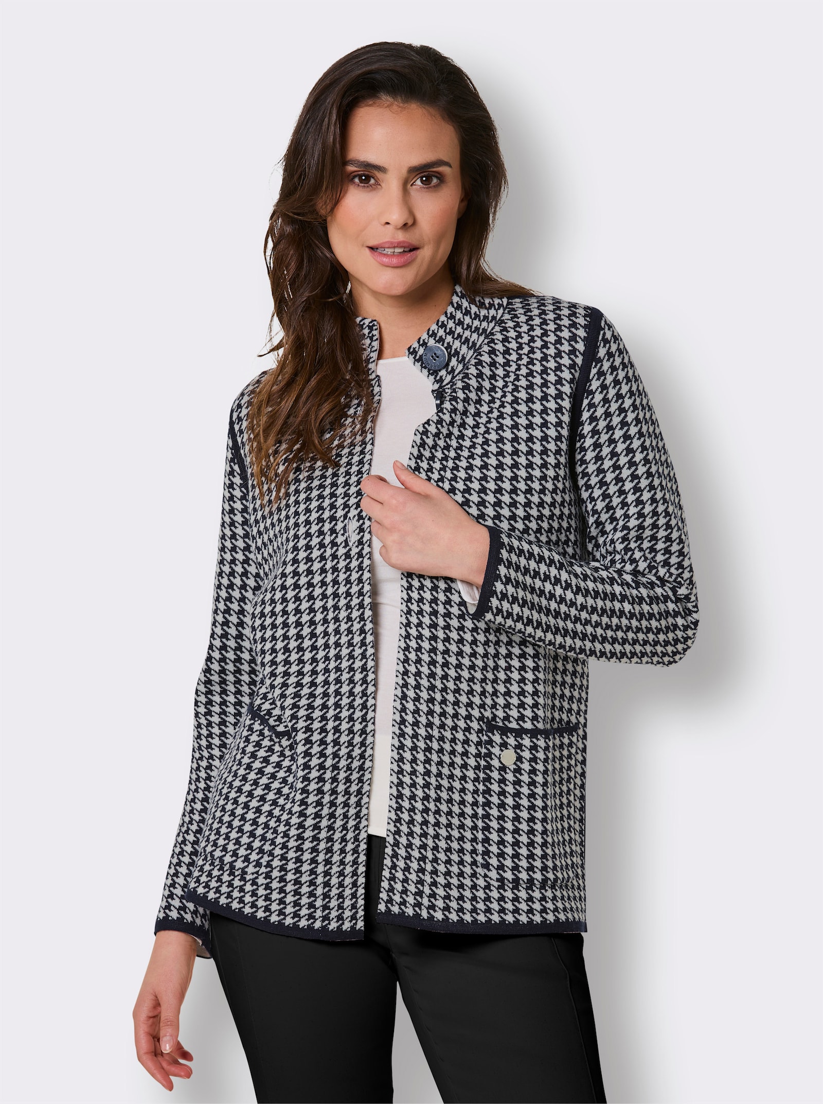 CREATION L PREMIUM Jacquardstrickjacke mit Merinowolle - marine-champagner-gemustert