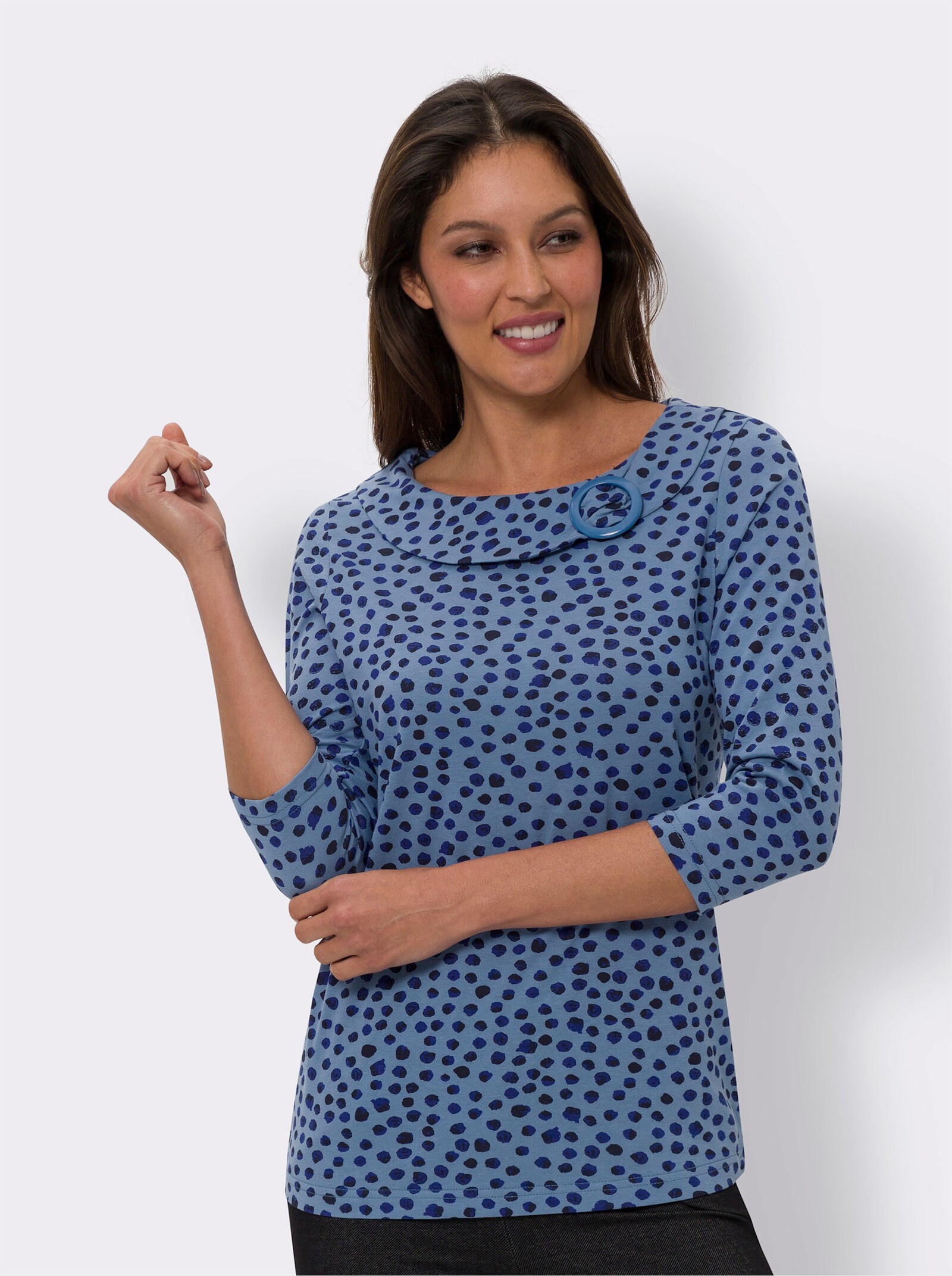 3/4-Arm-Shirt mit Zierspange am Ausschnitt - mittelblau-marine-bedruckt