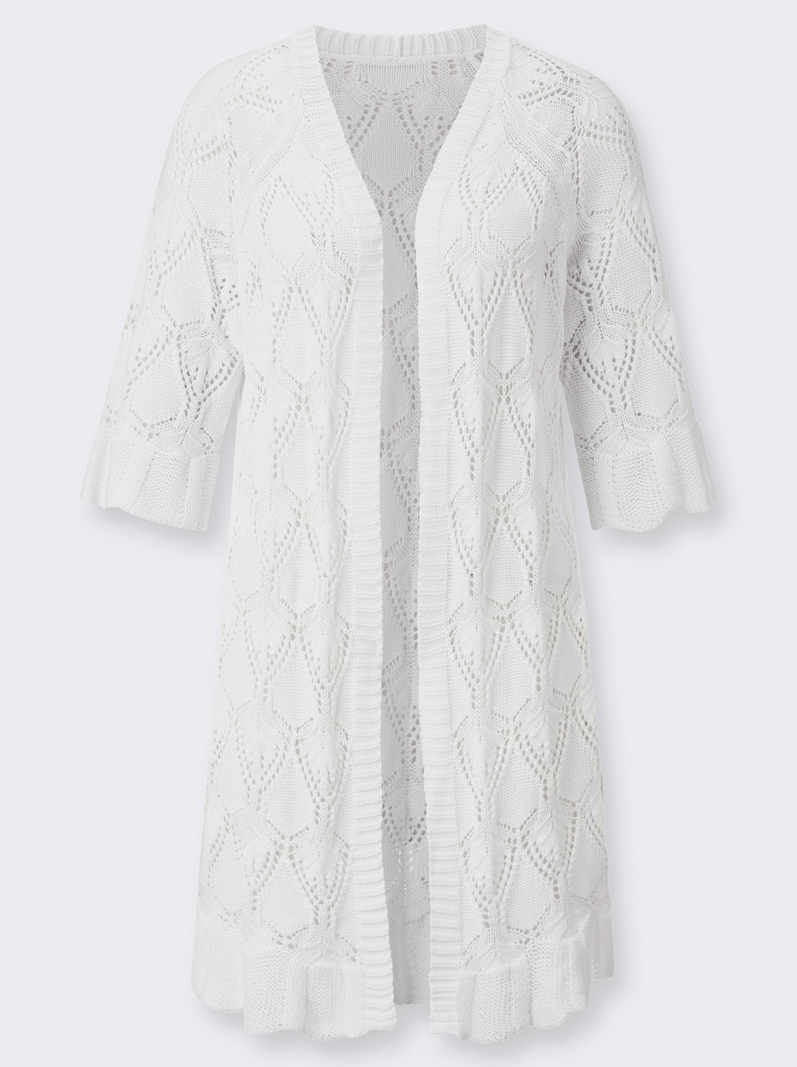Ajourstrickjacke mit gewellten Abschlüssen - weiß