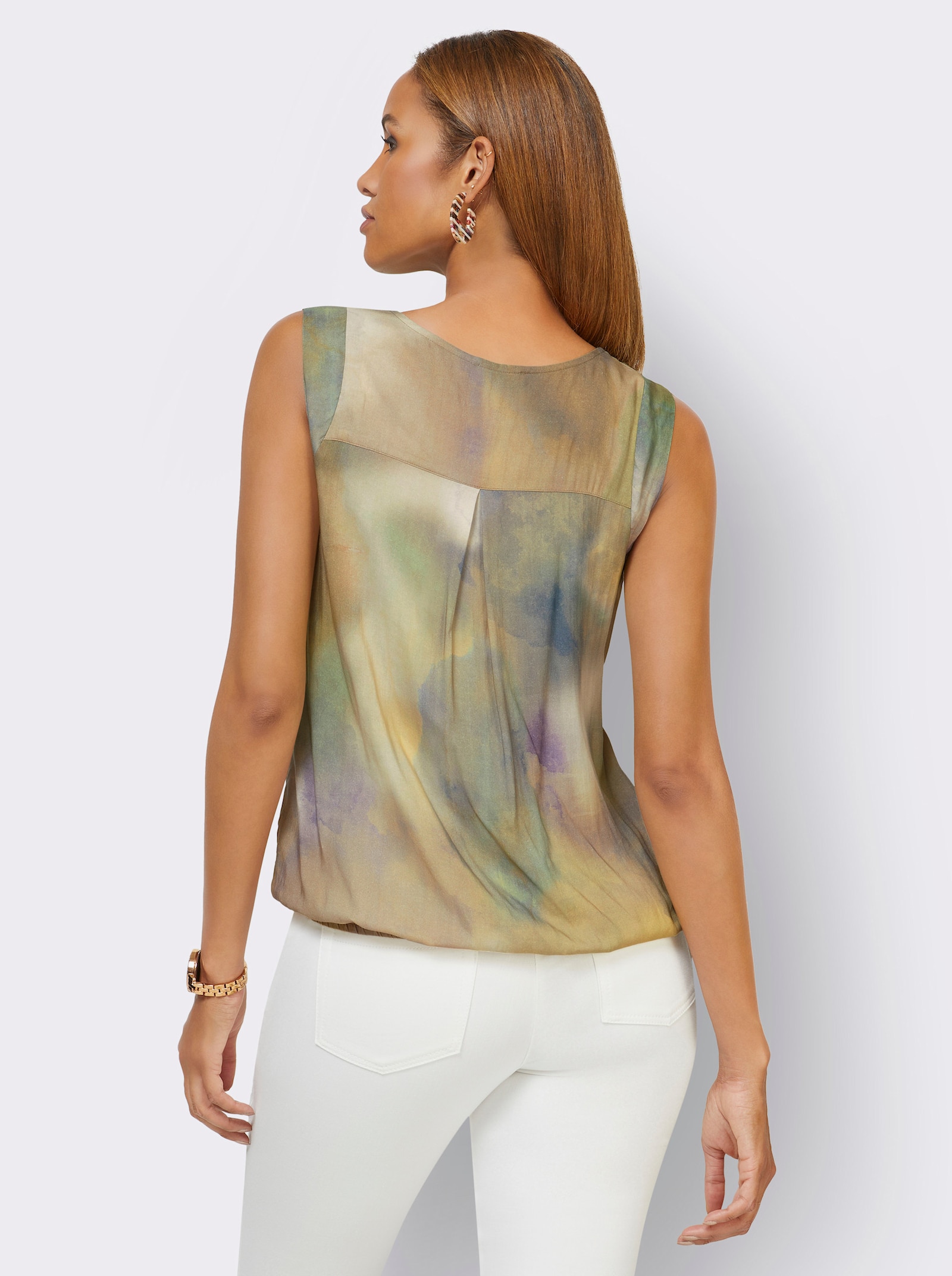 Blousetop in batikpatroon - champagne/jeansblauw bedrukt