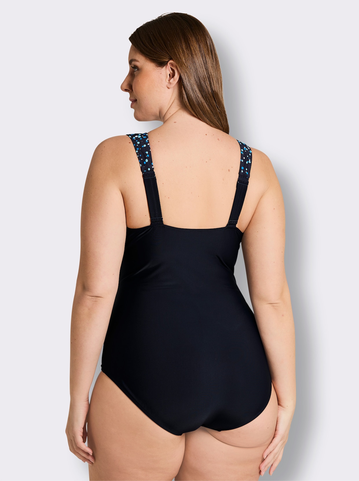 sheego Badeanzug mit Mesh-Einsatz - tiefblau-bedruckt