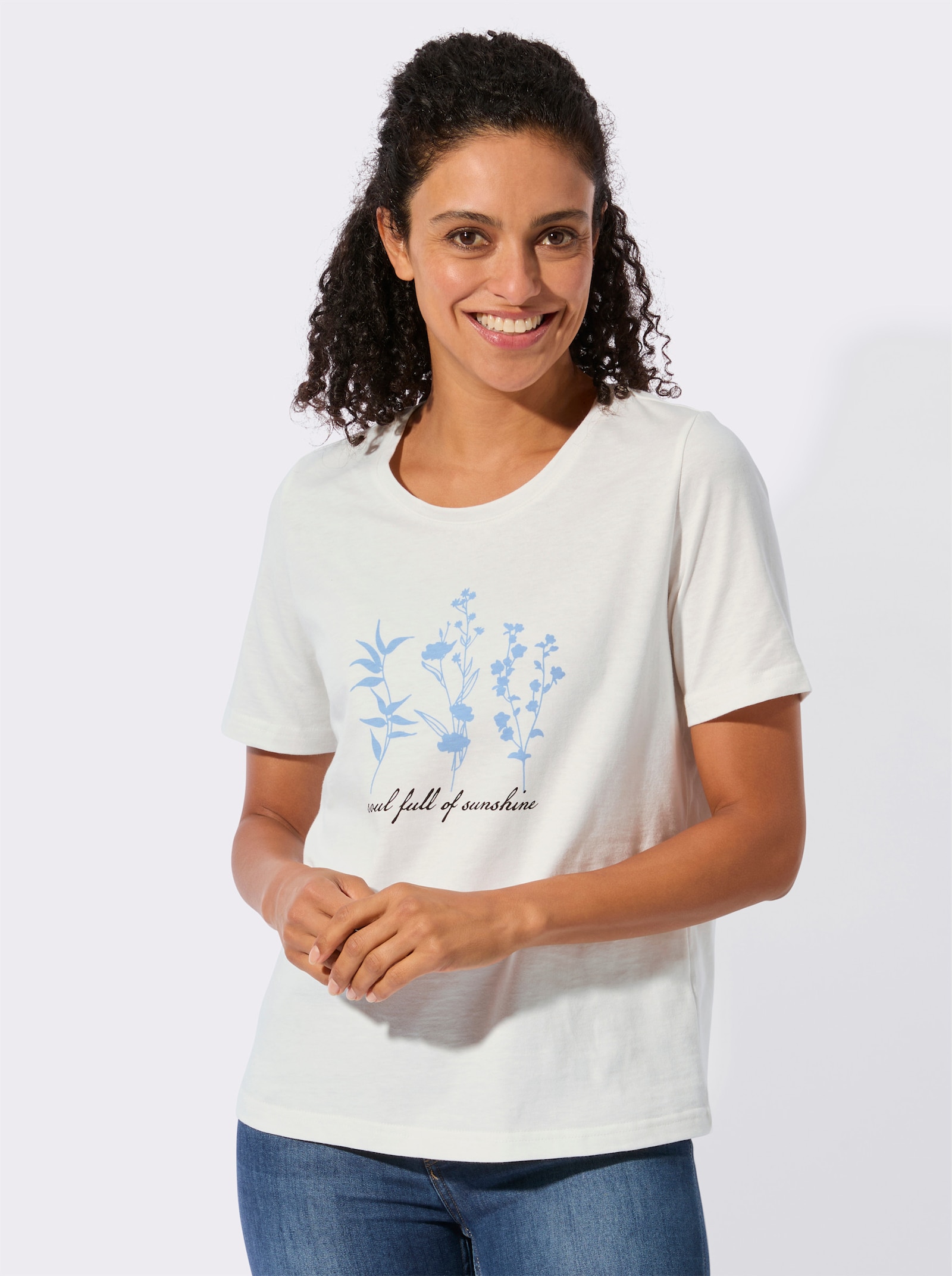 Kurzarmshirt mit floralem Motiv - ecru-himmelblau-bedruckt