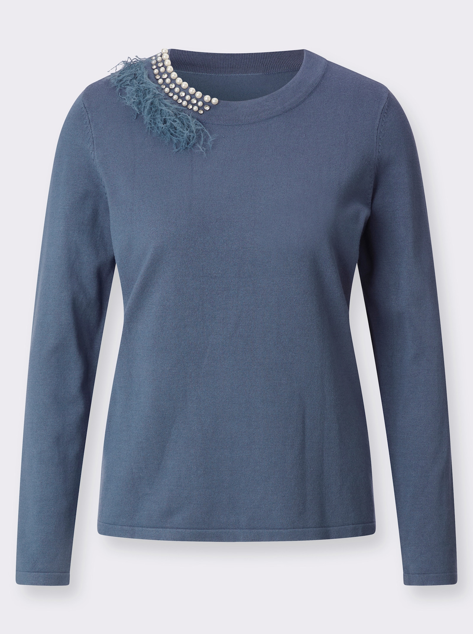 Feinstrickpullover mit Zierperlen - rauchblau