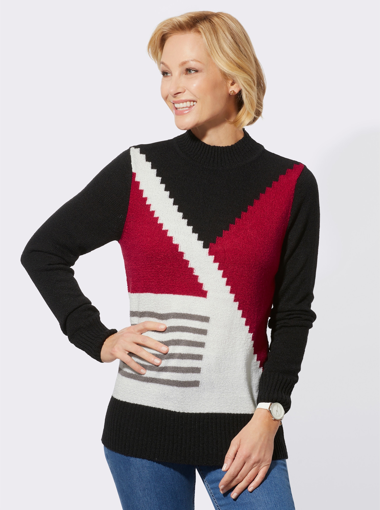 Pullover mit Intarsien-Muster - rot-schwarz-gemustert