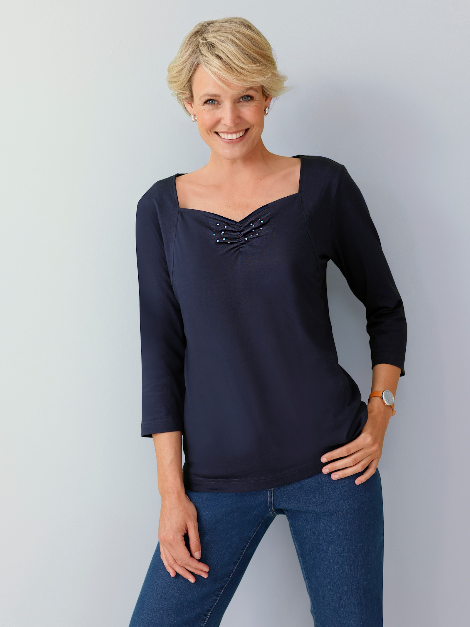 3/4-Arm-Shirt mit Herz-Ausschnitt, Baumwolle - marine