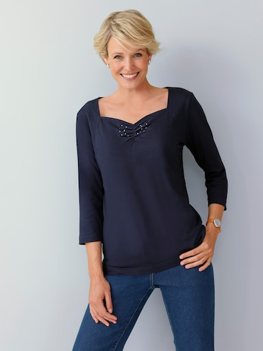 3/4-Arm-Shirt mit Herz-Ausschnitt, Baumwolle - marine