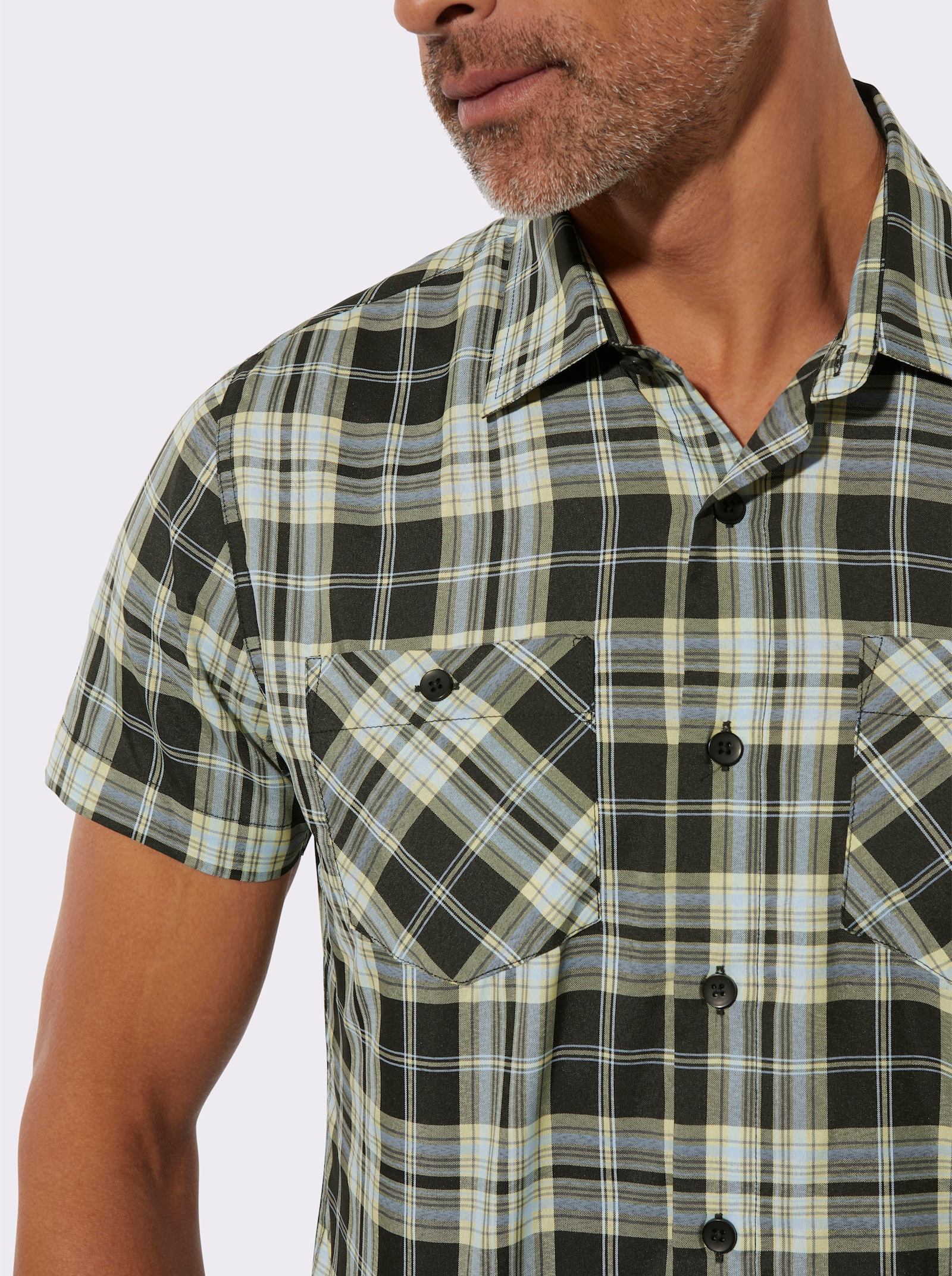 Kurzarmhemd mit Brusttaschen - schwarz-zitrone-kariert